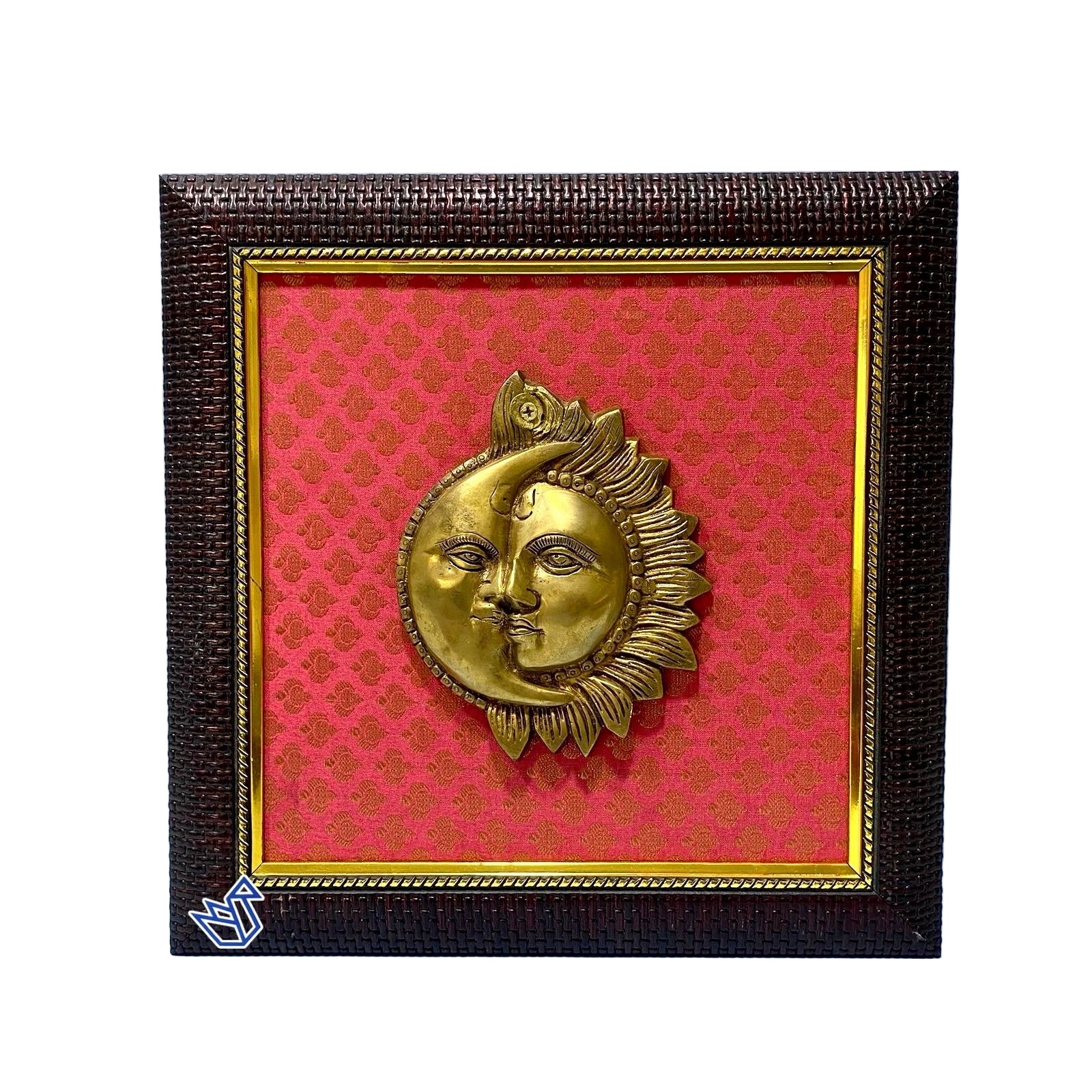 Decorative wall art with a gold sun and moon design on a red background, framed in brown.