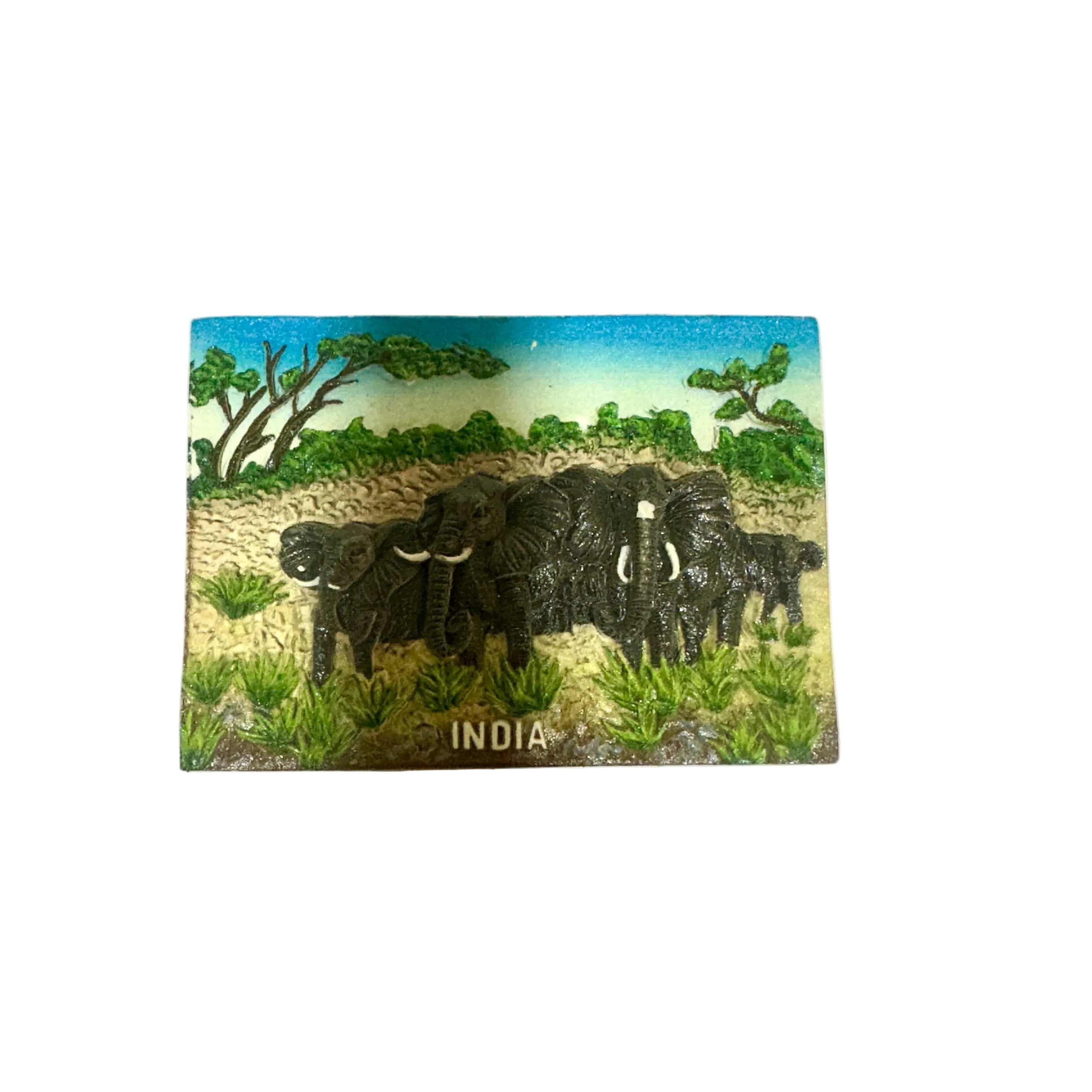 Fridge magnet with elephants and 'India' text on a white background