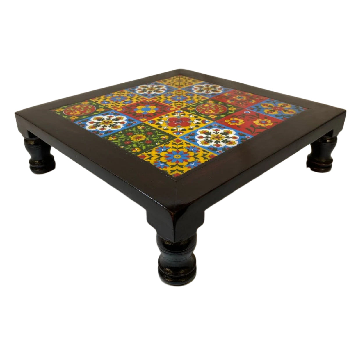 Wooden Stool With Blue Pottery Tiles Exclusive Furniture Collection From Tamrapatra