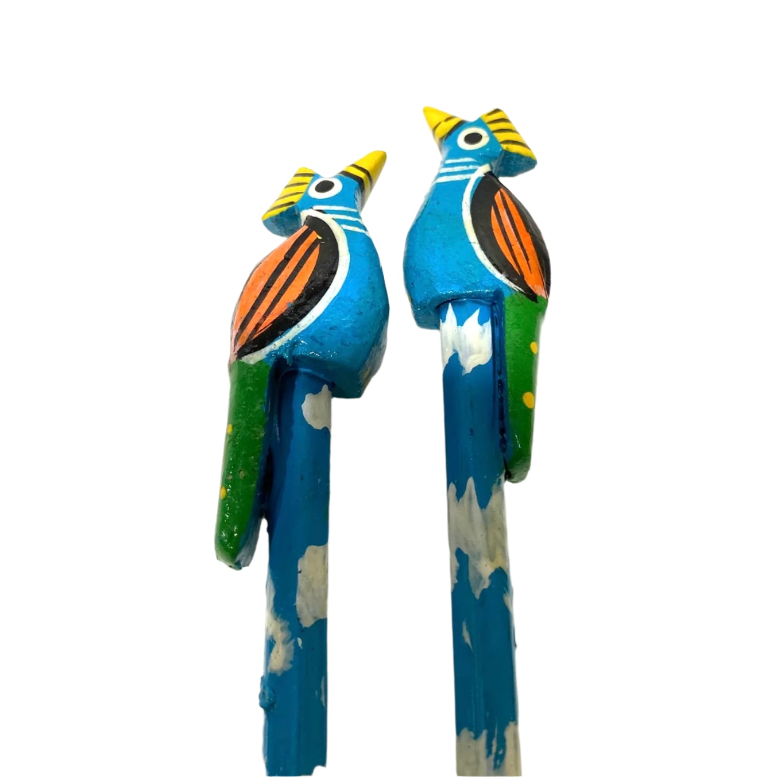 Two colorful bird-shaped pens on a textured white background