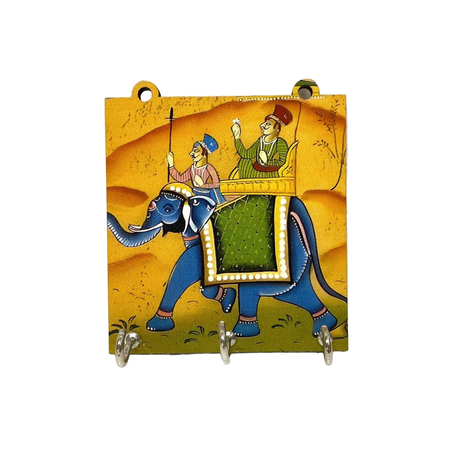 Decorative key holder with a colorful elephant and rider design on a textured white background