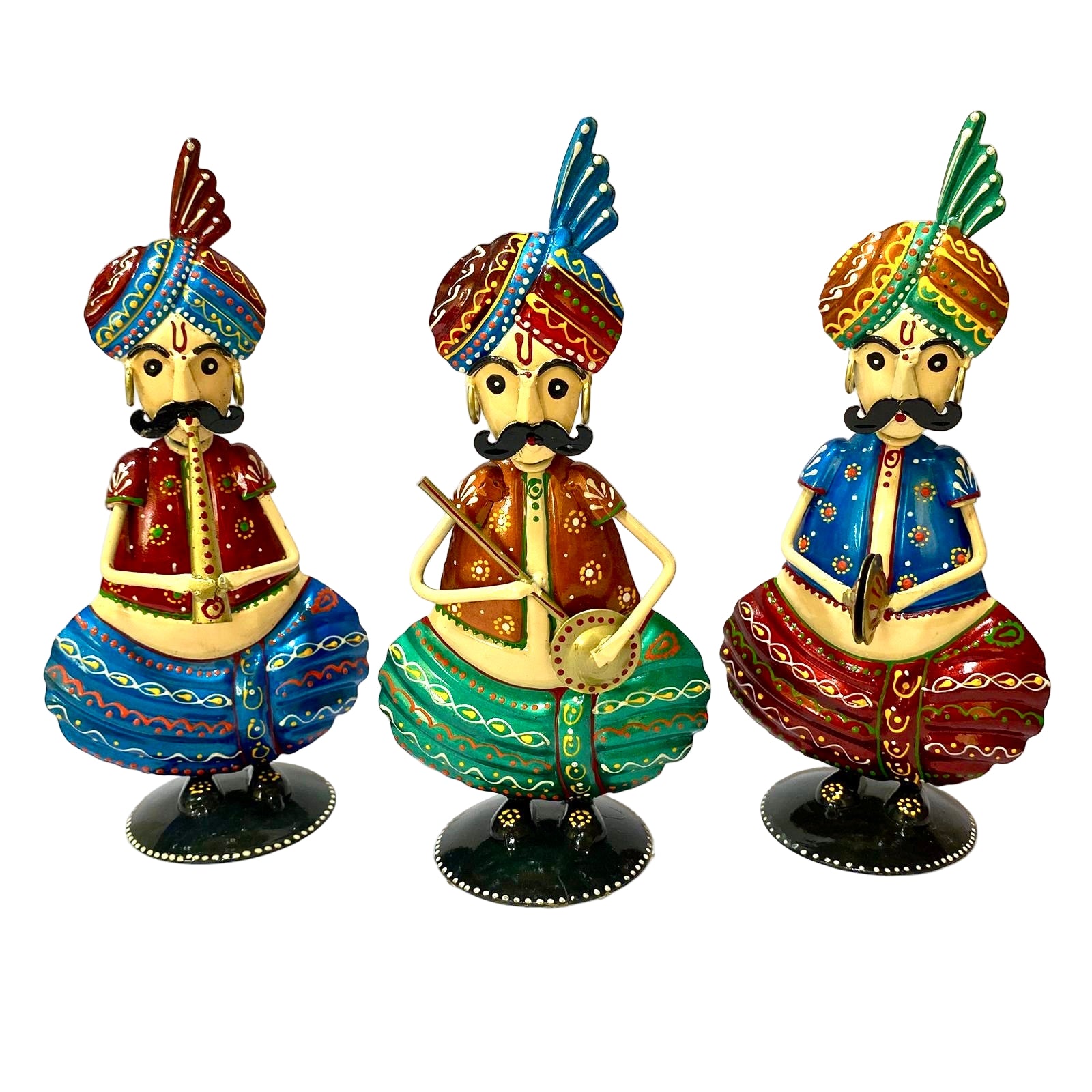 Three colorful figurines of men in traditional attire with turbans on a white background