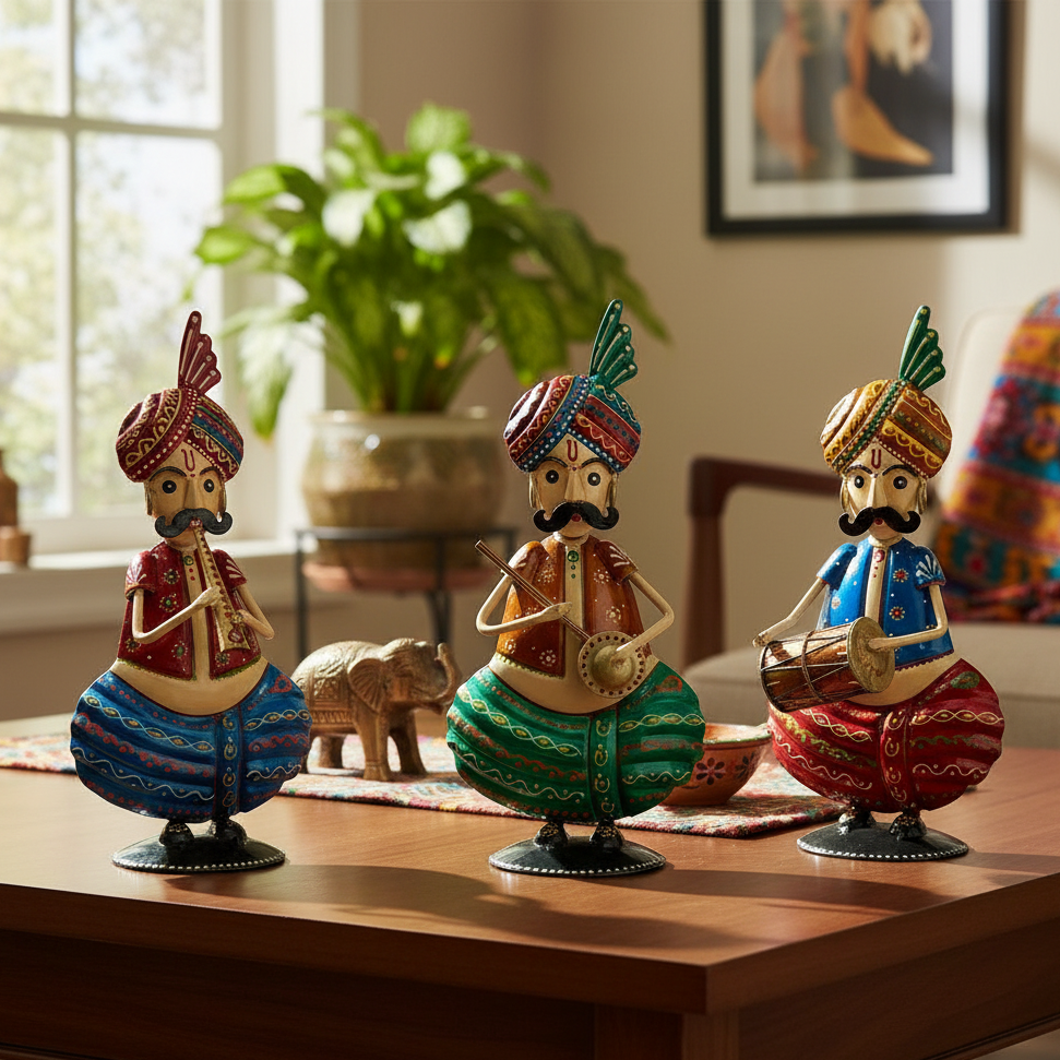 Three decorative figurines of men in traditional attire on a wooden table with a plant and framed picture in the background.