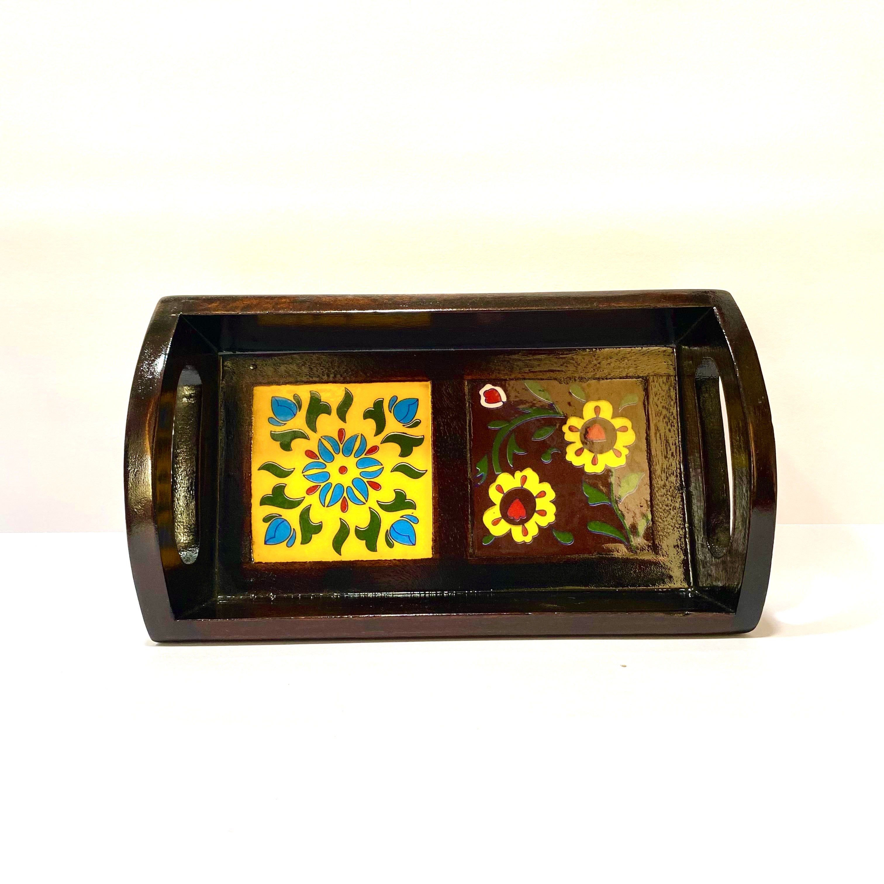 Flower Designed With Blue Pottery Tiles Handcrafted Kitchen Utility By Tamrapatra