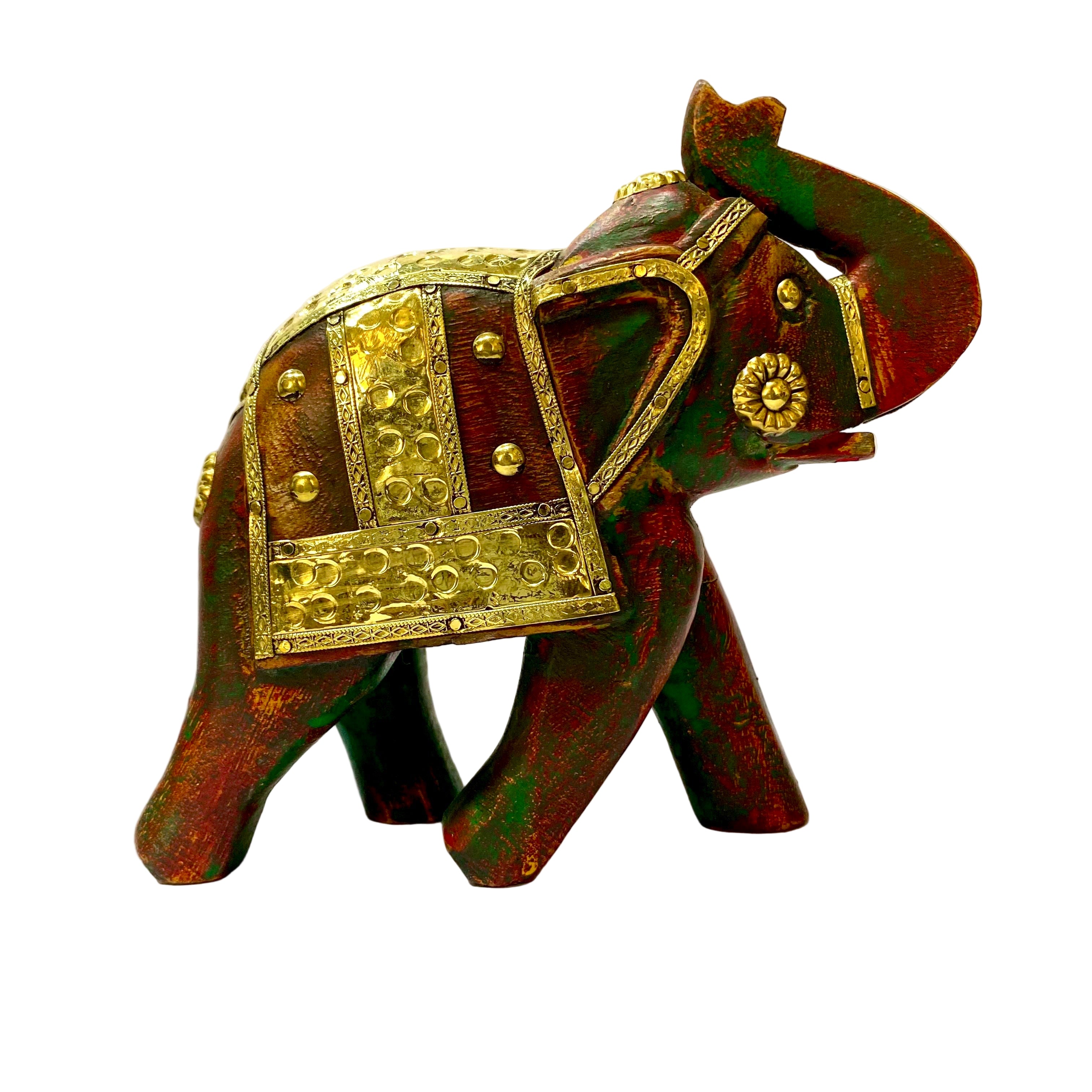 Decorative elephant figurine with gold accents on a white background