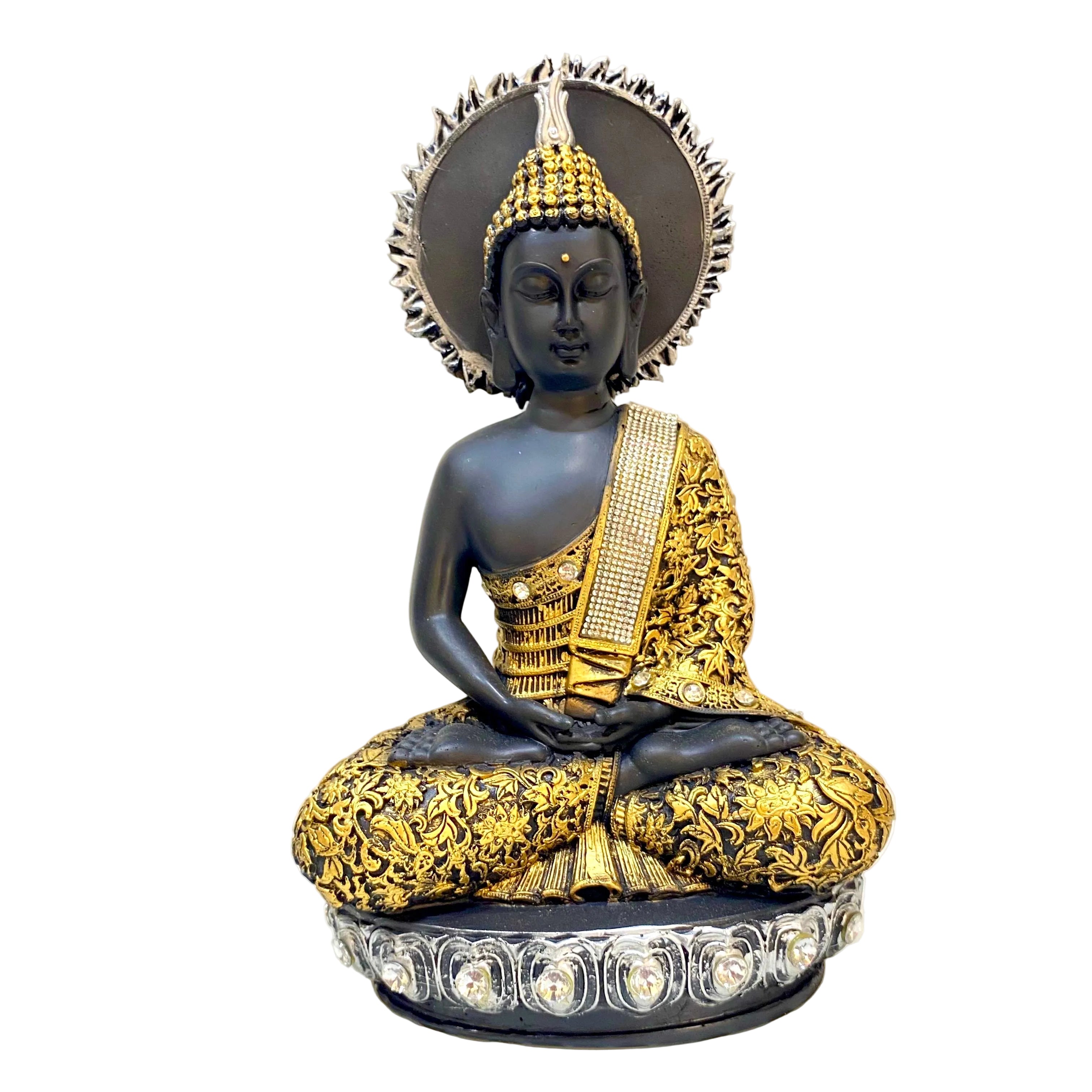 Decorative statue of a seated figure in a meditative pose with gold and black details on a white background.