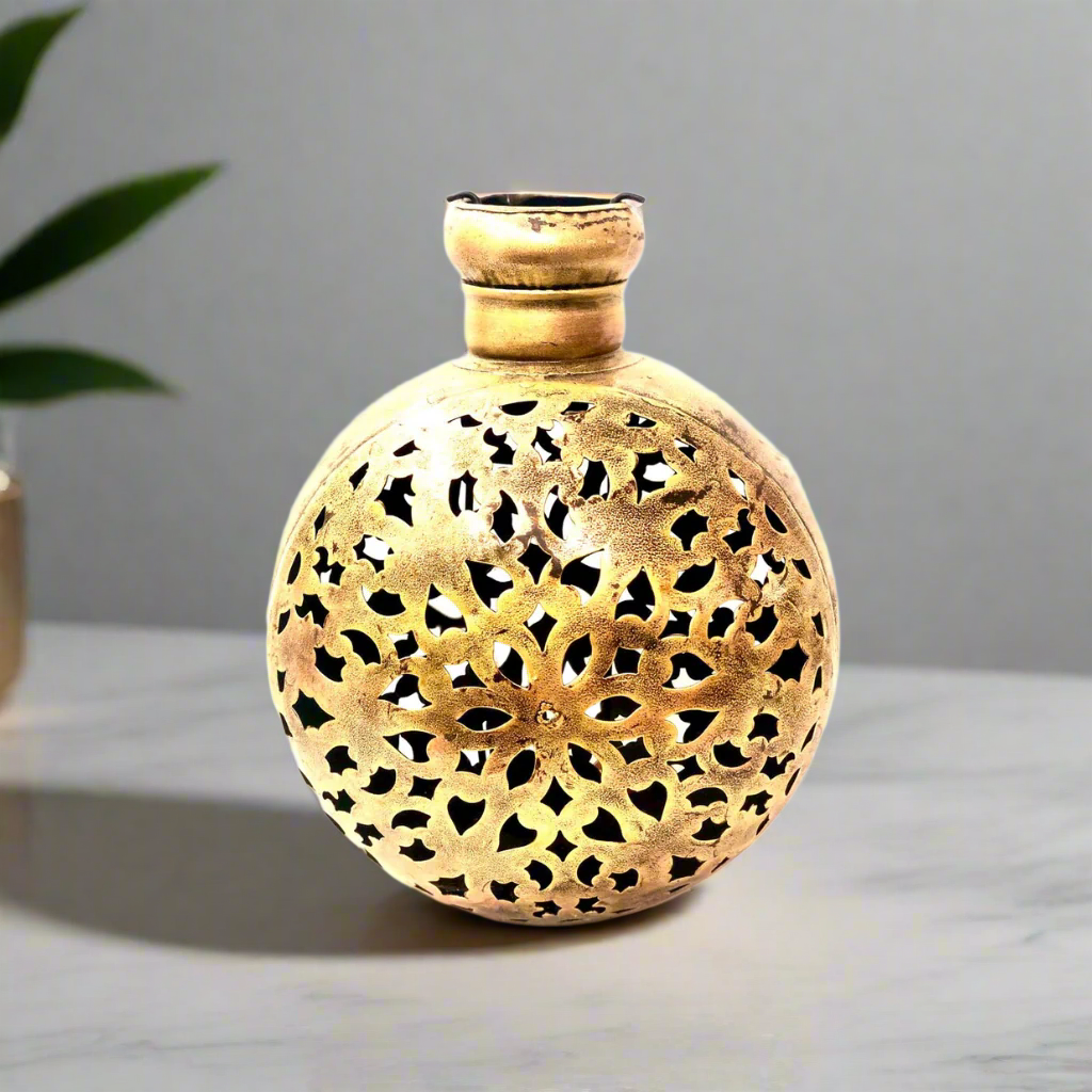 Kudiya Style Tea Light Holder Striking Metal Carved Design Handcrafted By Tamrapatra