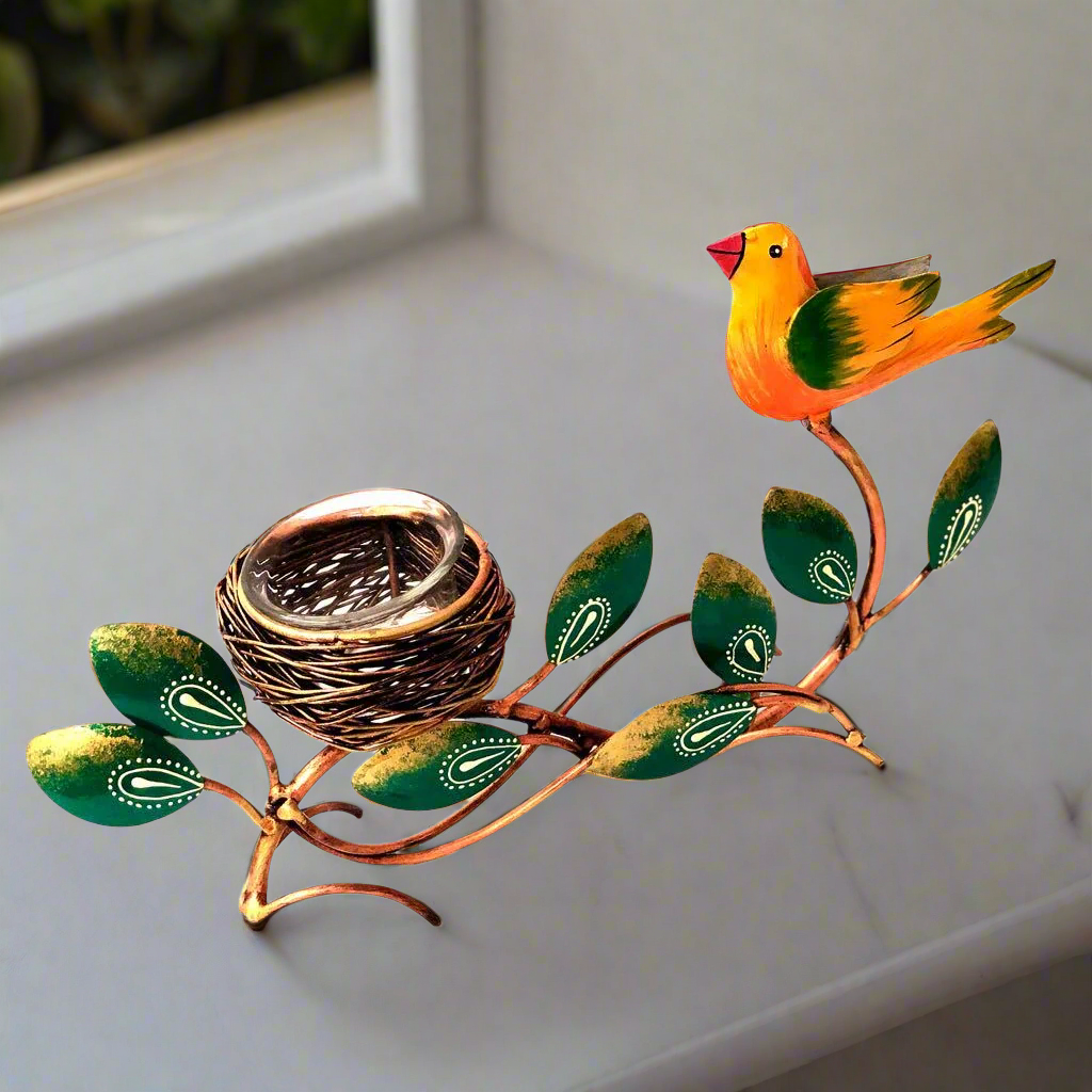 Bird With Nest Tea Light Holder Unique Combination Metal Tamrapatra - Tamrapatra
