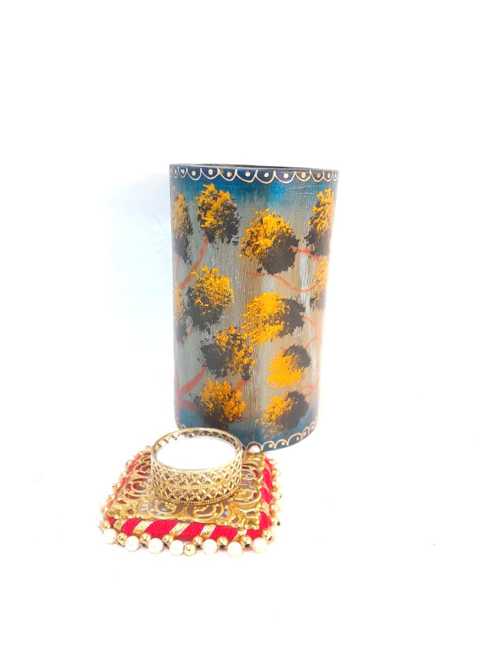 Candle Holder Traditional Scenery Style Painting Wooden Set Of 3 Pillar By Tamrapatra