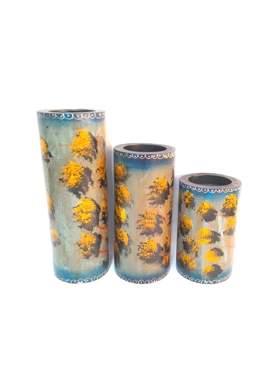 Candle Holder Traditional Scenery Style Painting Wooden Set Of 3 Pillar By Tamrapatra