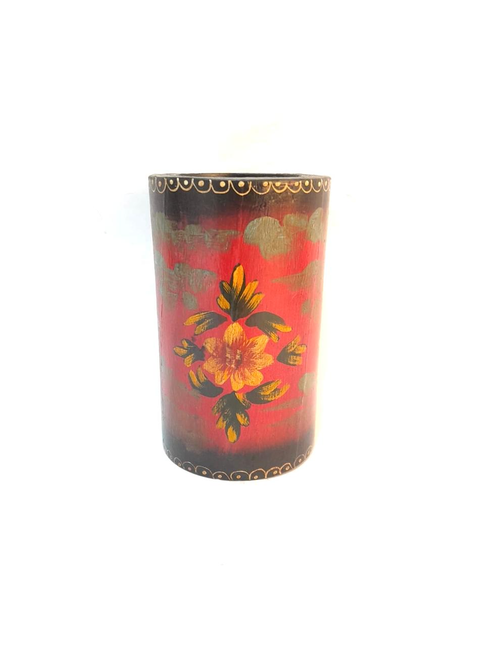 Candle Holder Traditional Scenery Style Painting Wooden Set Of 3 Pillar By Tamrapatra