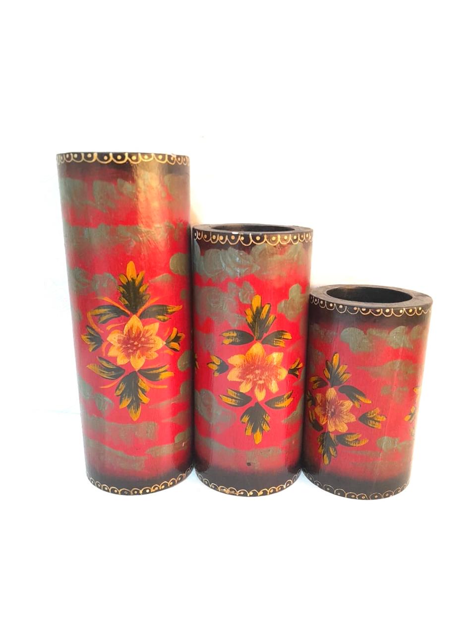 Candle Holder Traditional Scenery Style Painting Wooden Set Of 3 Pillar By Tamrapatra