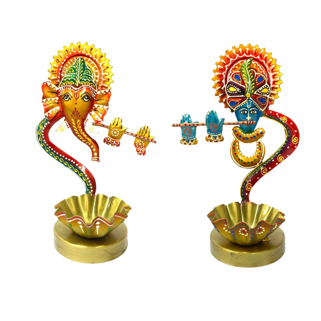 Tea Light Metal Ganesh Krishna Painted With Perfection Handmade By Tamrapatra