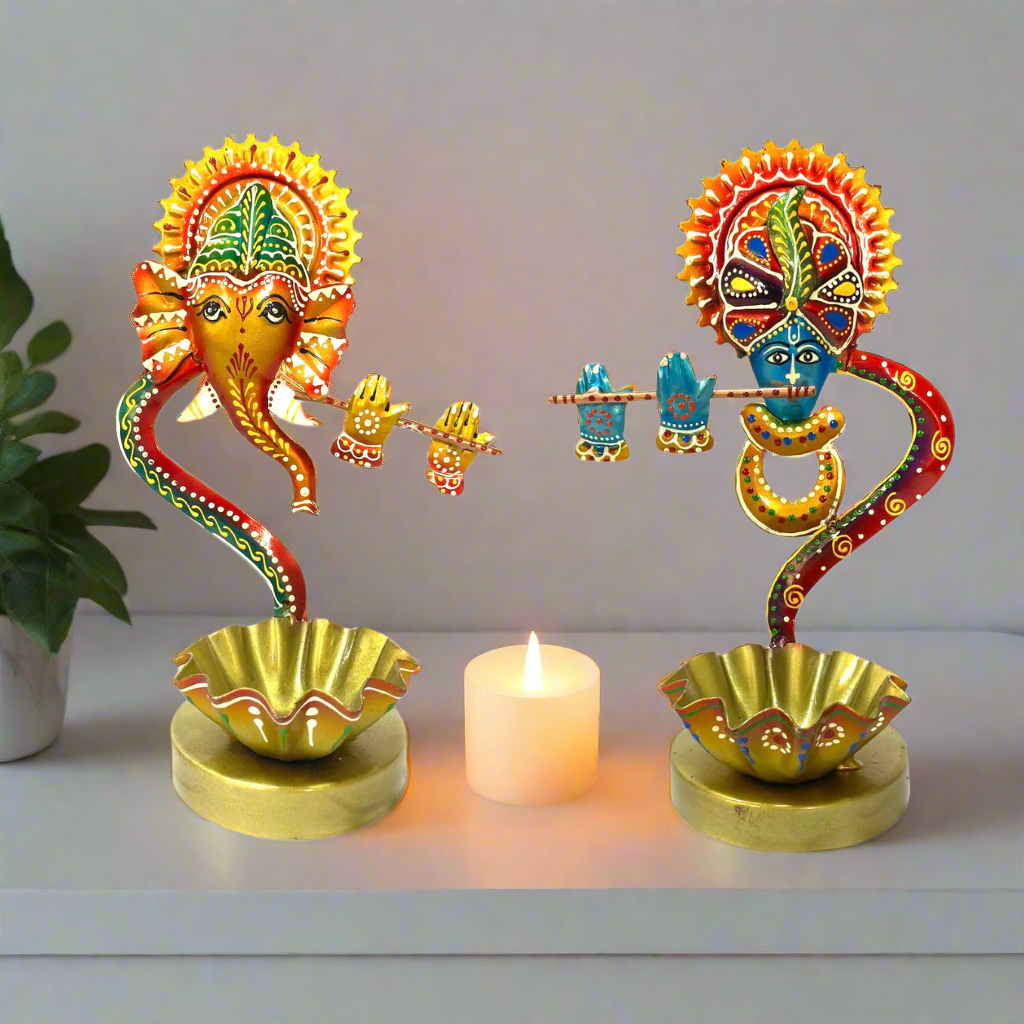 Tea Light Metal Ganesh Krishna Painted With Perfection Handmade By Tamrapatra