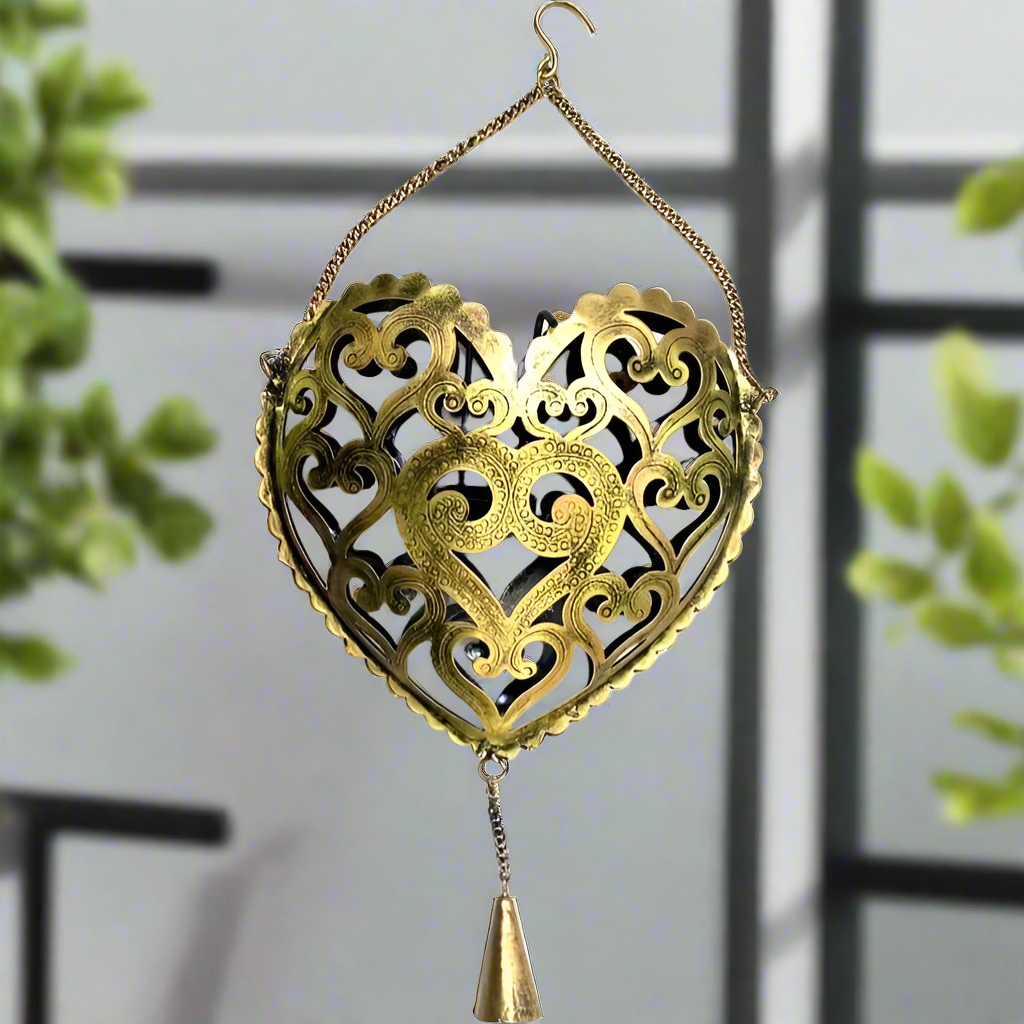 Heart Carving Metal Creations Tea Light Holder Hanging With Bell Tamrapatra