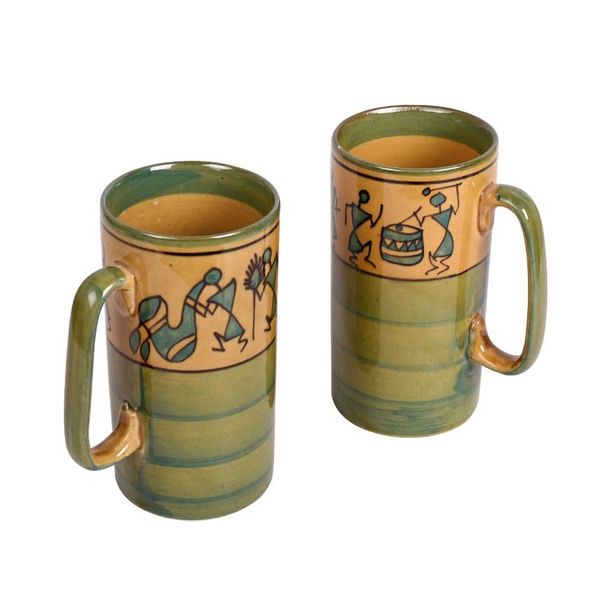 Ceramic Warli Painted Beer Mugs Glossy & Beautiful Serve Beverage By Tamrapatra