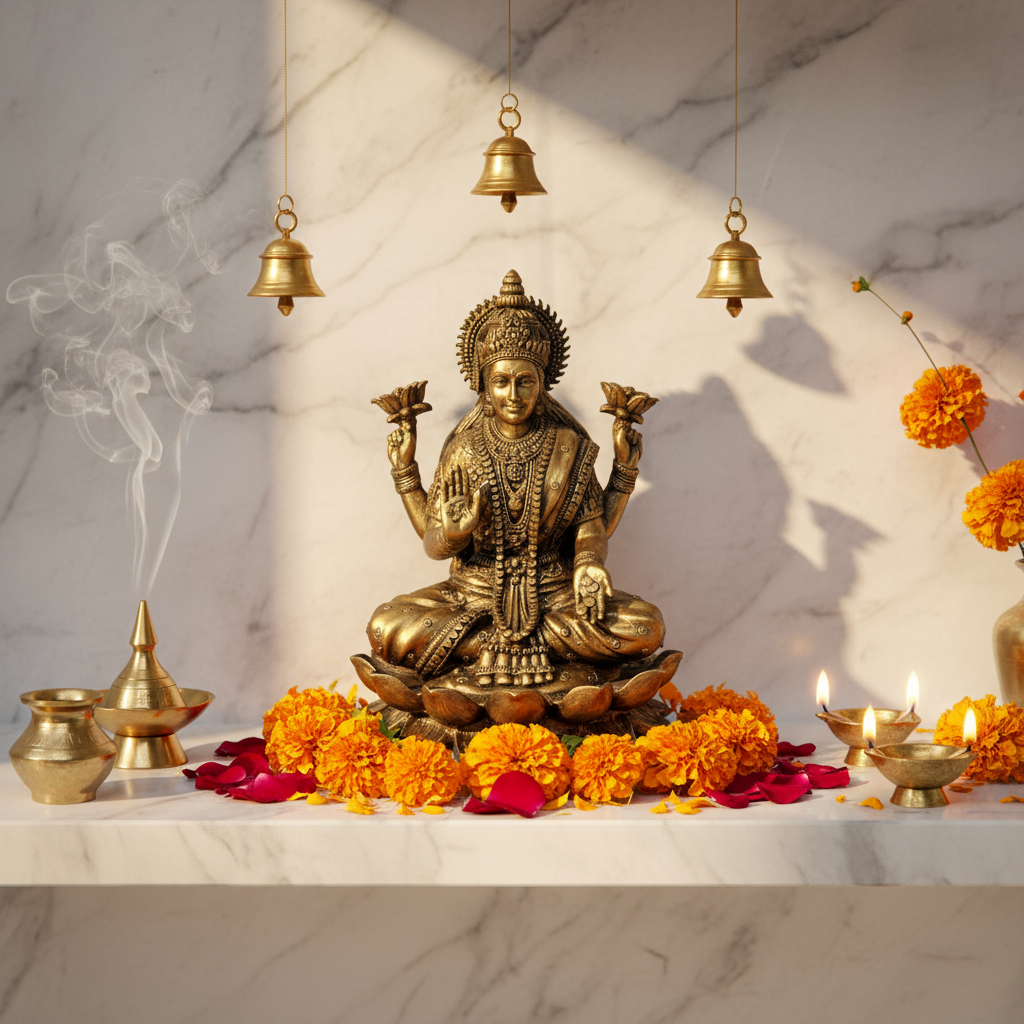 Bronze statue of a seated figure with flowers, candles, and bells on a marble surface.