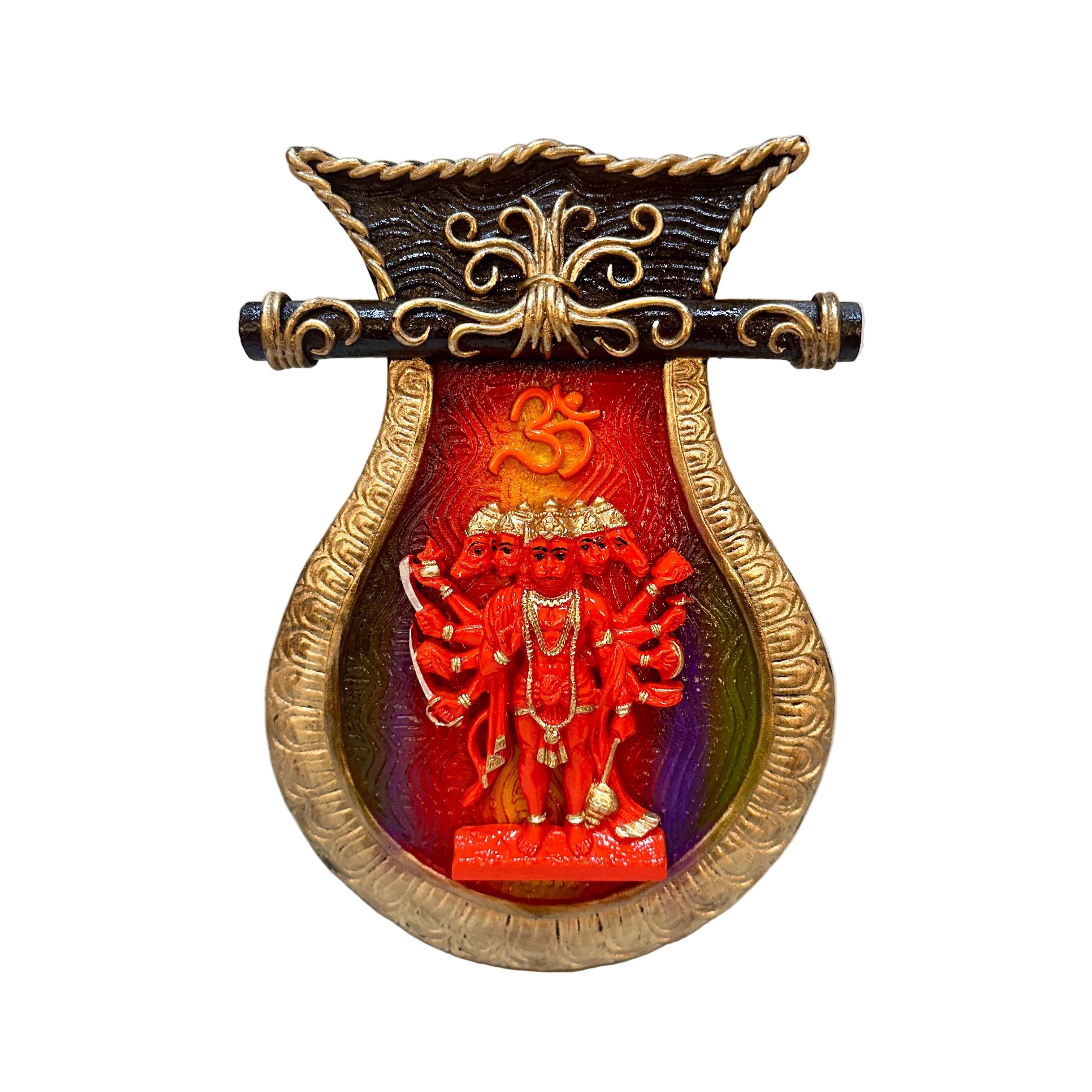 Decorative wall hanging with a red figure and gold accents on a white background