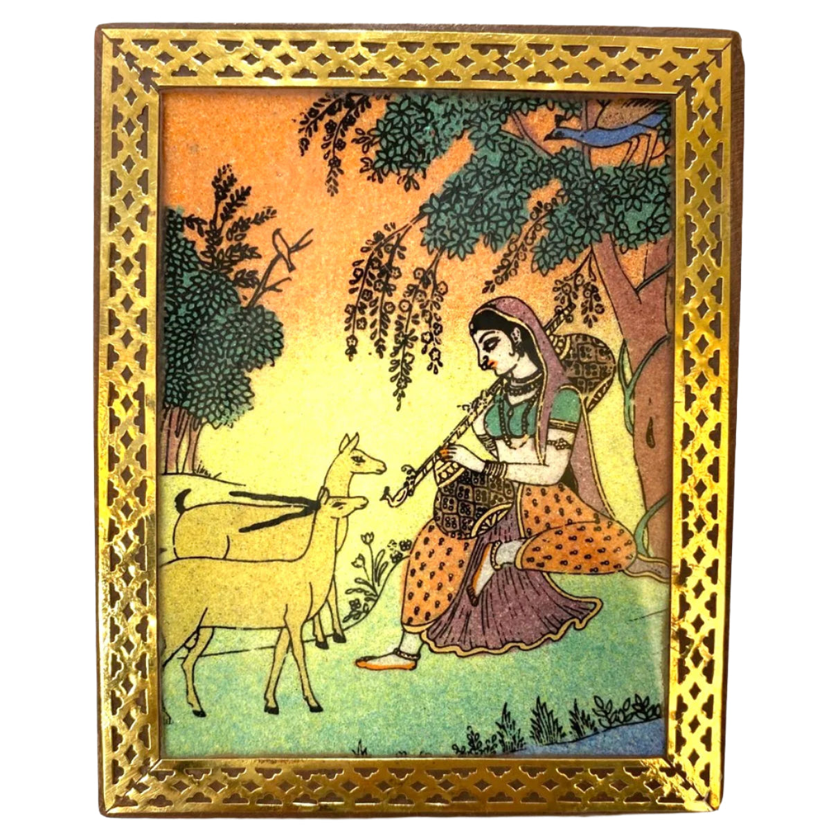 Decorative painting of a woman with a goat in a decorative gold frame