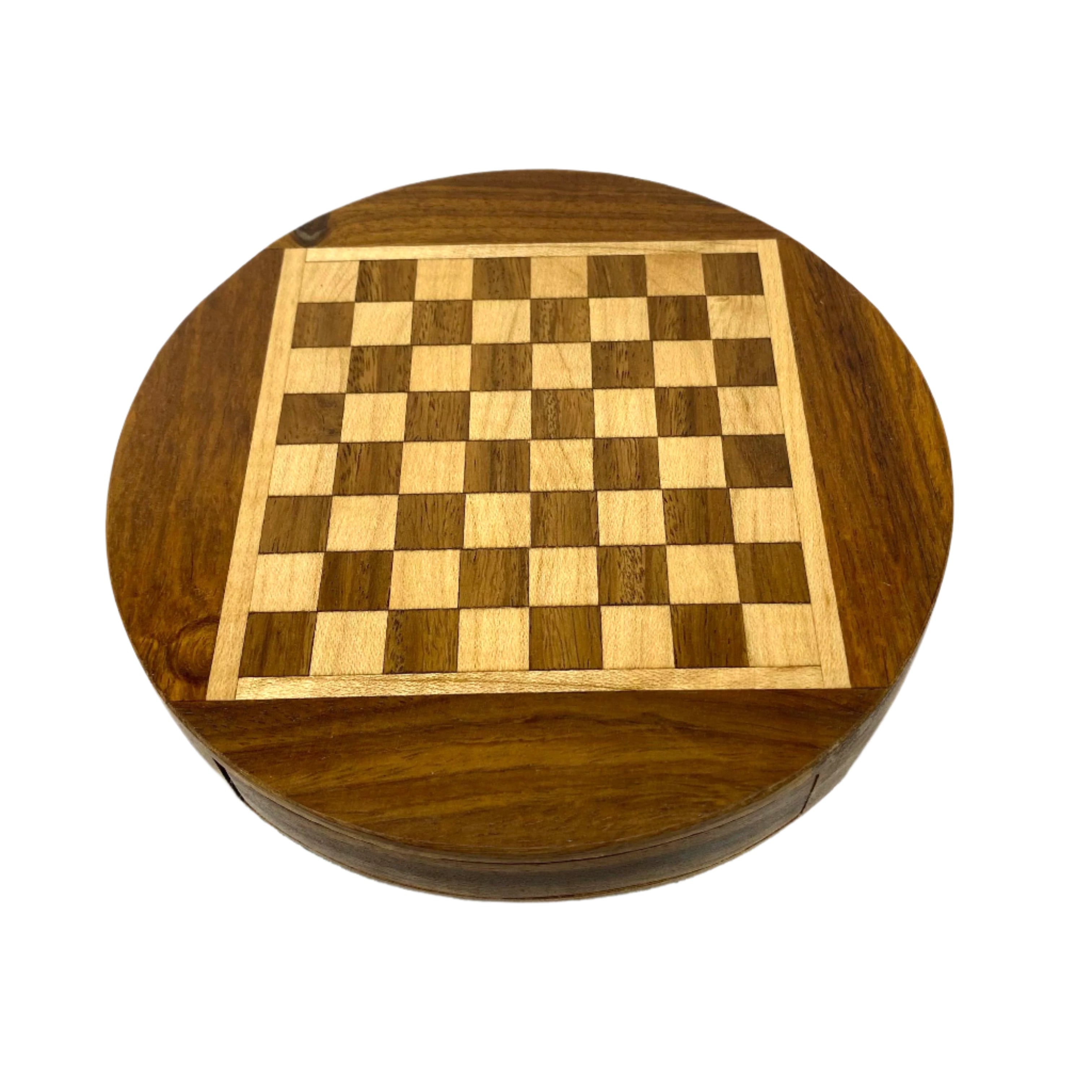 Wooden chess board with checkered pattern on a white background
