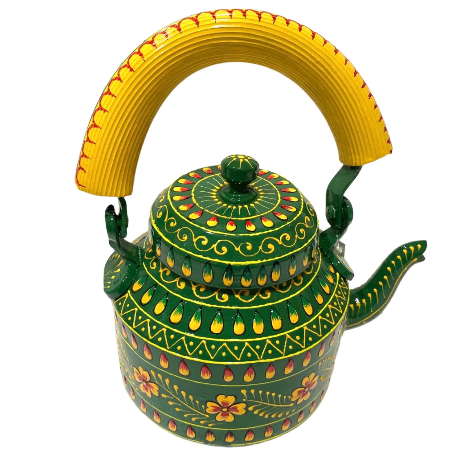 Decorative teapot with green and yellow patterns on a white background