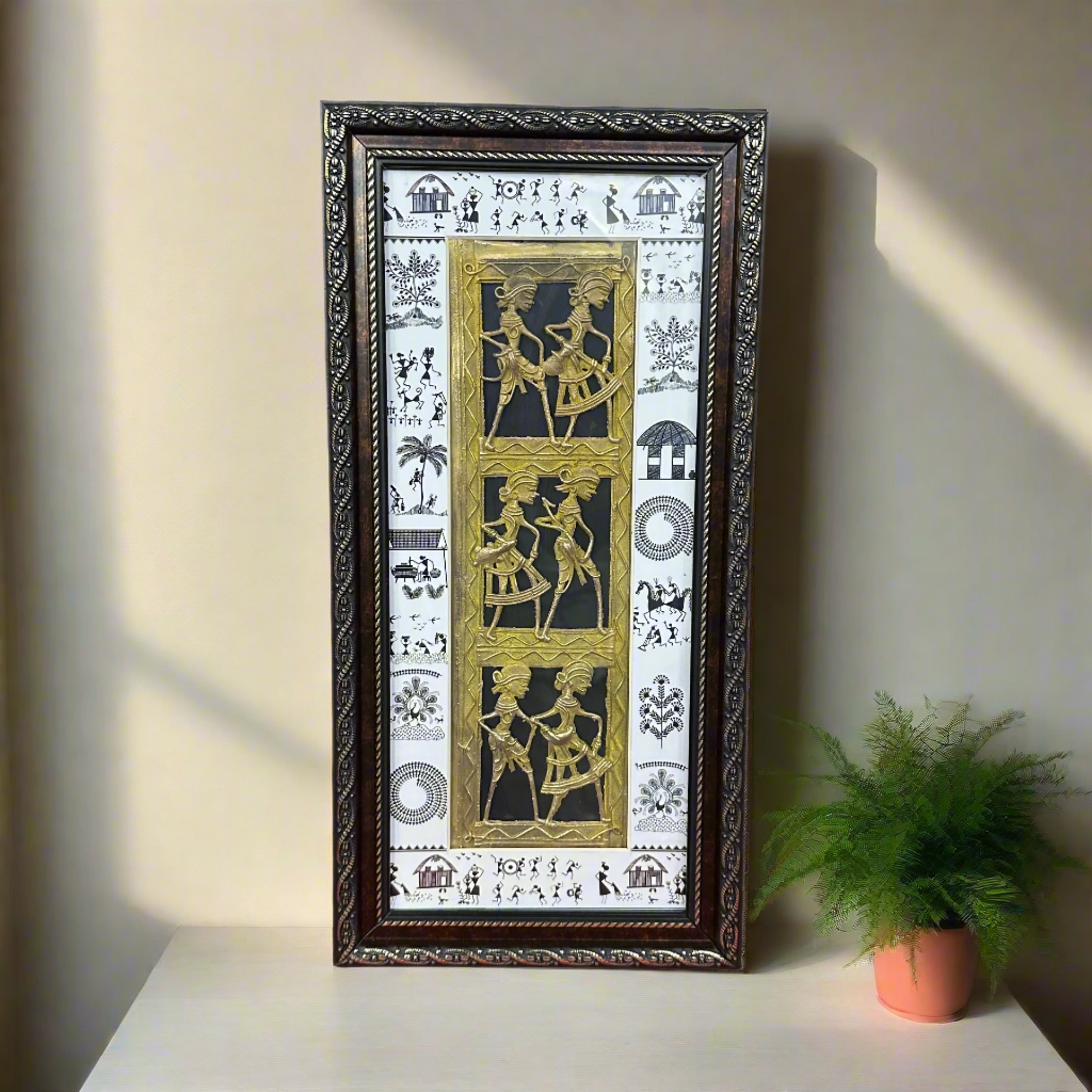 Warli Painting In Wooden Frame With Dhokra Dual Shades Home Décor Tamrapatra