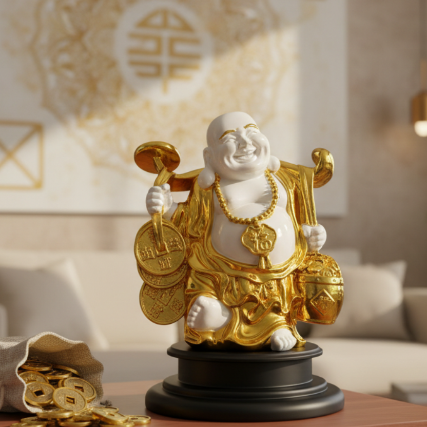 Laughing Buddha Golden Sculpture Exclusive Showpiece Auspicious Tamrapatra - Tamrapatra