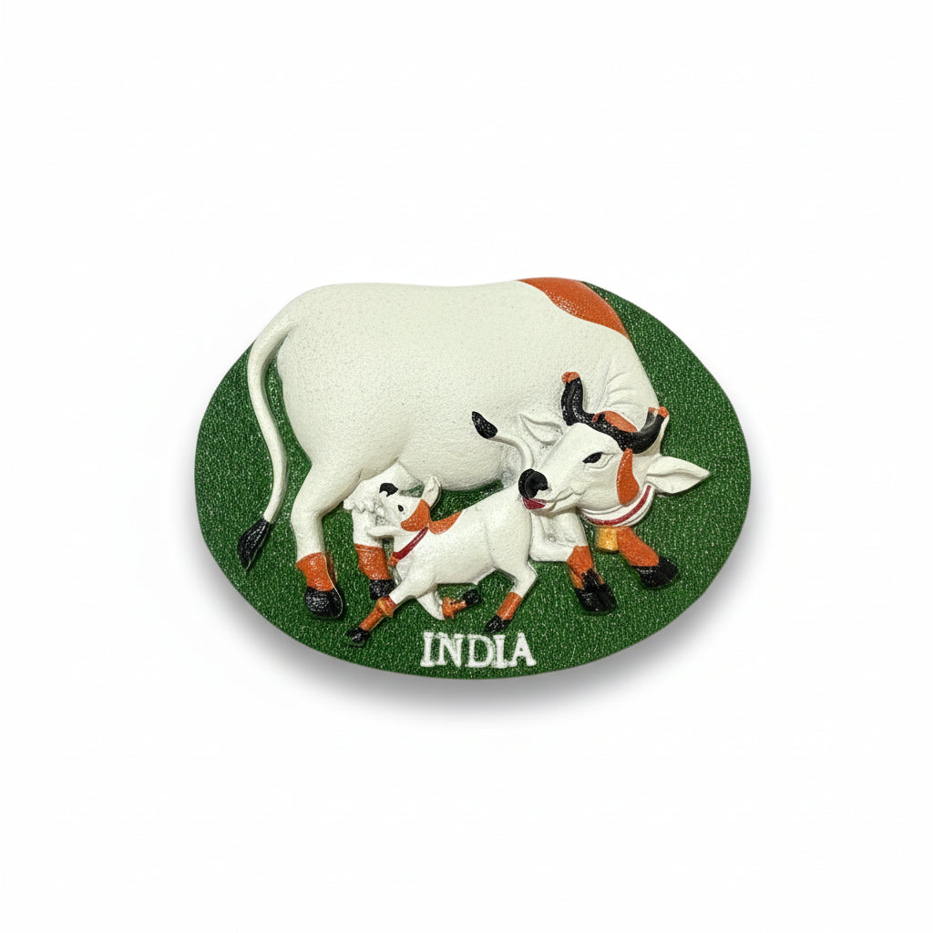 Decorative magnet with a cow and calf design and 'India' text on a white background