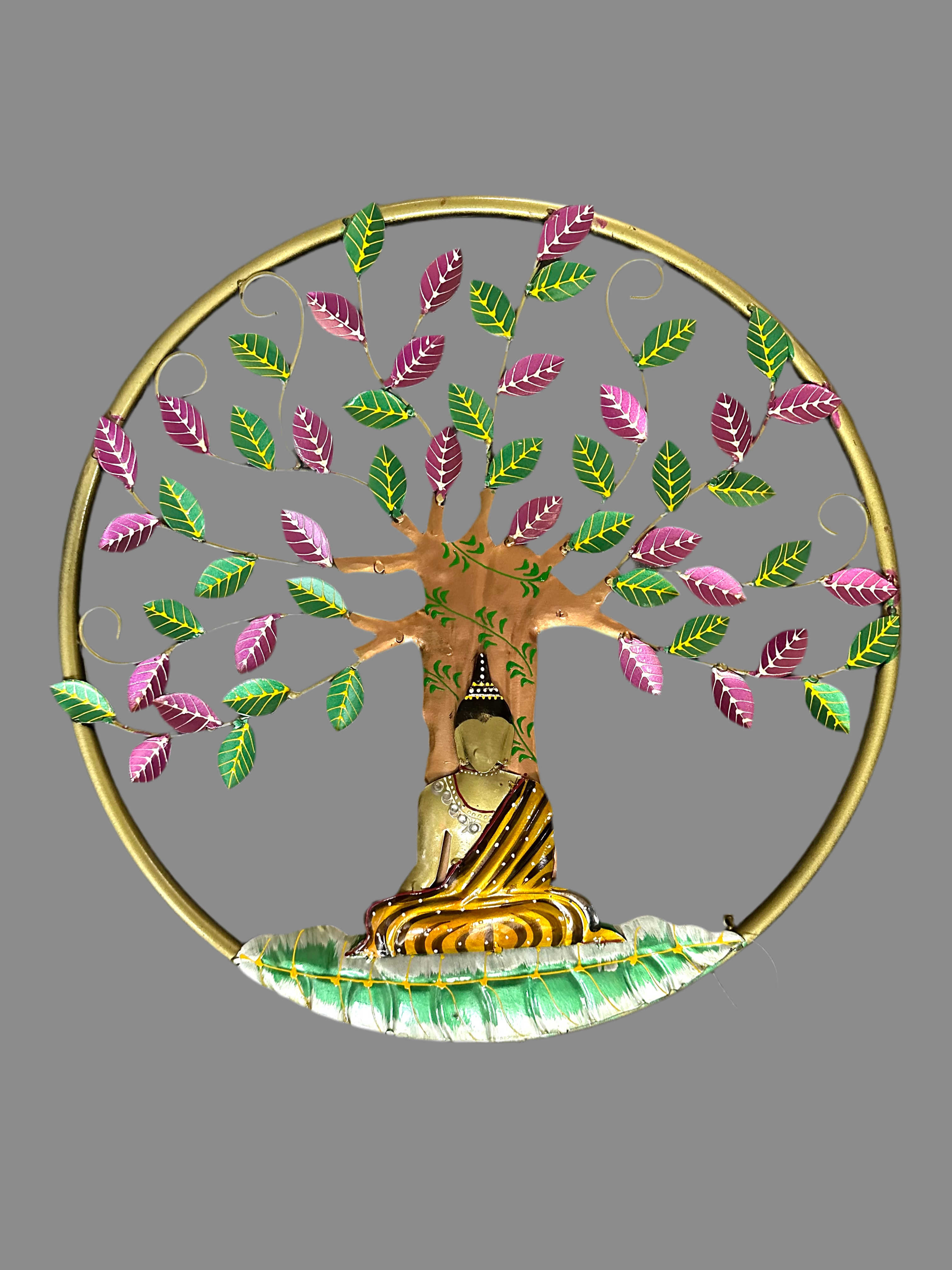 Buddha Krishna Sitting Under Tree Metal Art Wall Hangings Round Design Tamrapatra
