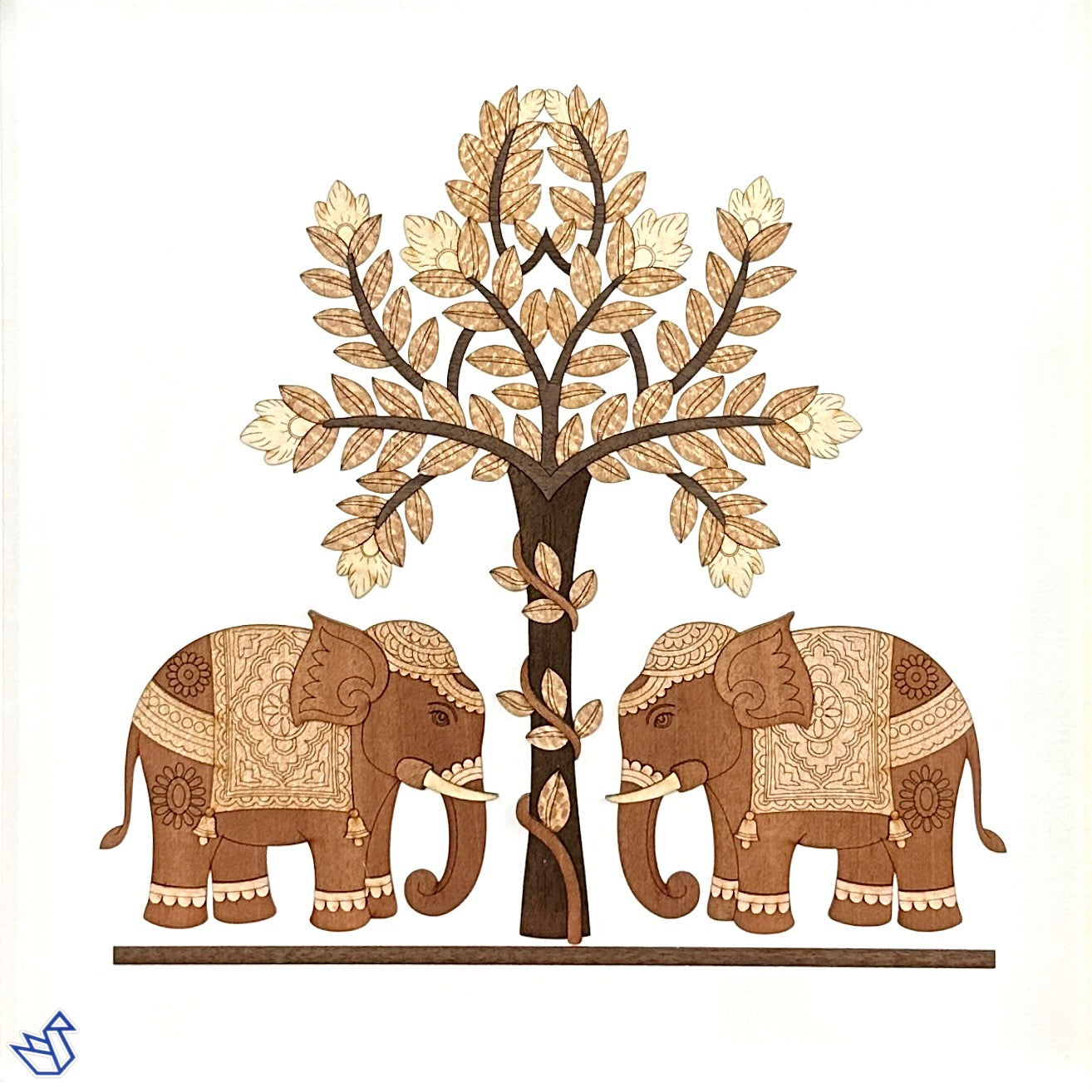Elephants Under Tree Frame Wooden Carving Handmade Unique 3D Art By Tamrapatra