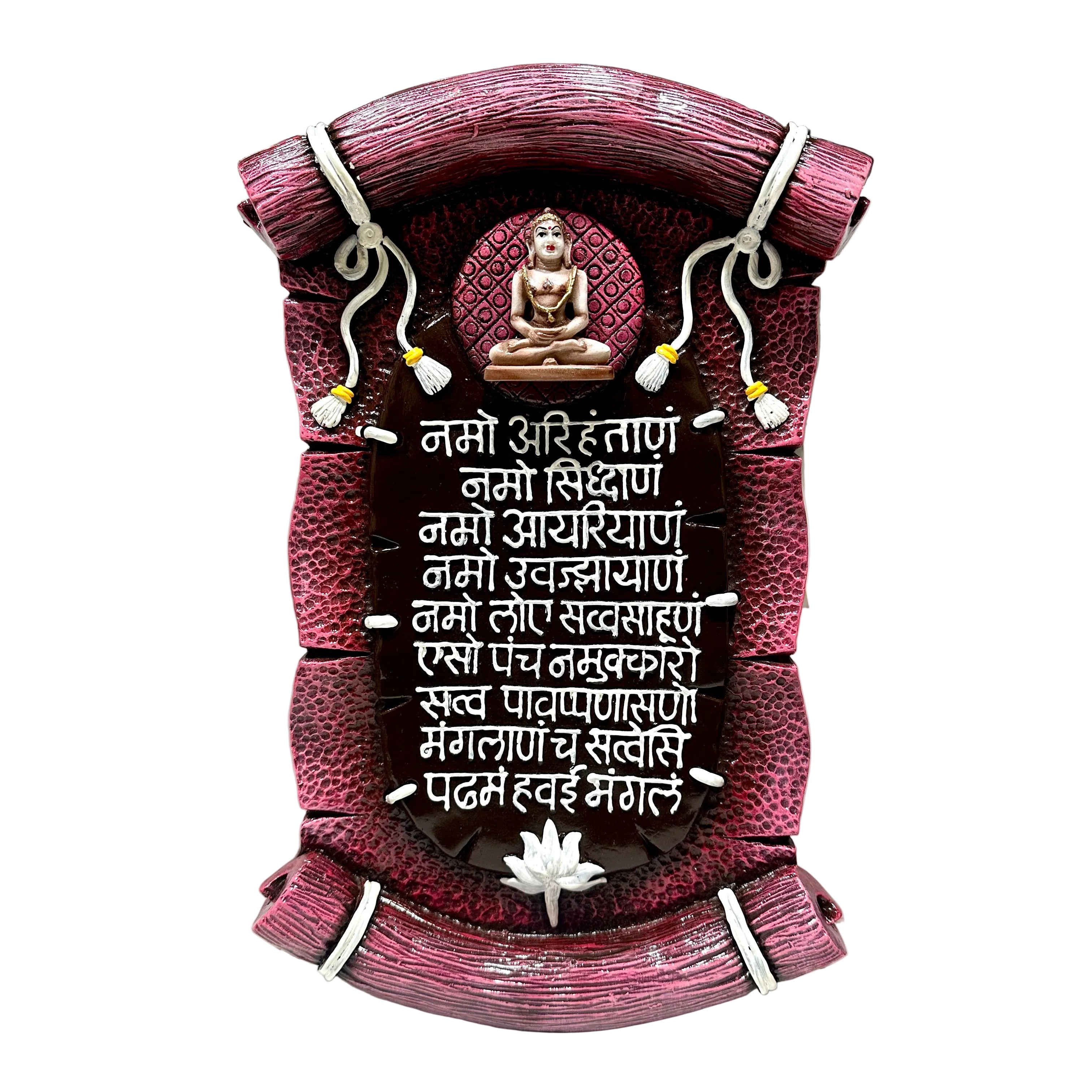 Decorative wall hanging with Buddha statue and Sanskrit text on a white surface.