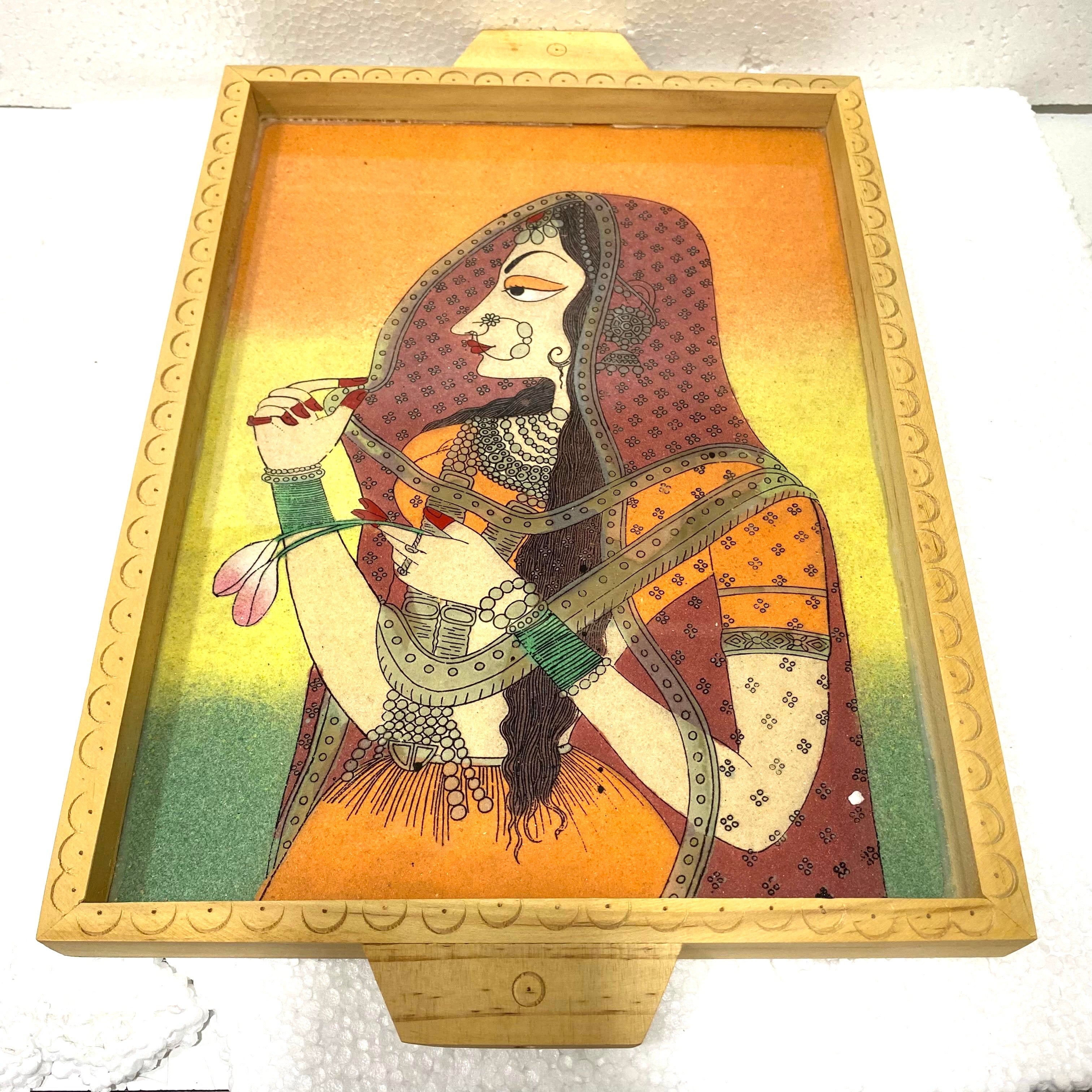 Wooden Gemstone Tray Ragini Painting Style Handmade Gifts Tamrapatra - Tamrapatra
