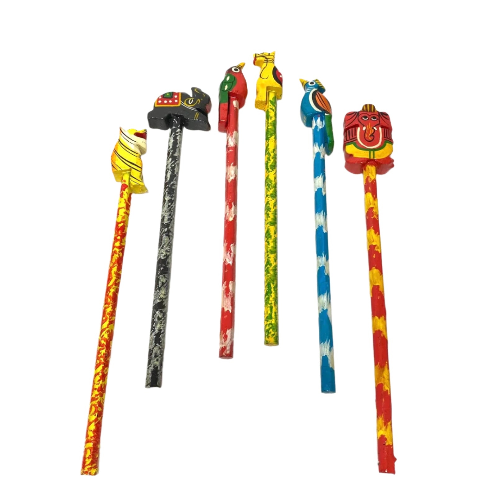 Set of colorful animal-shaped pencils on a white background