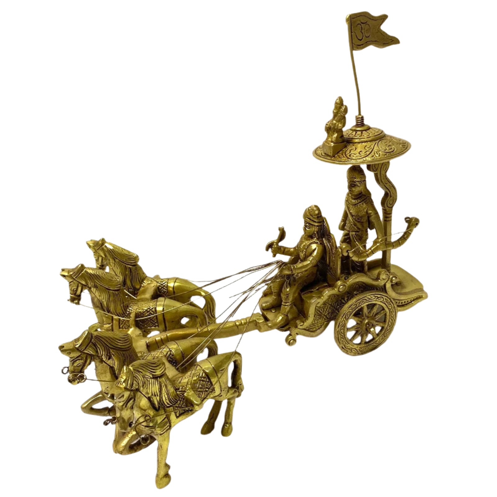 Bronze chariot with horses and figures on a white background