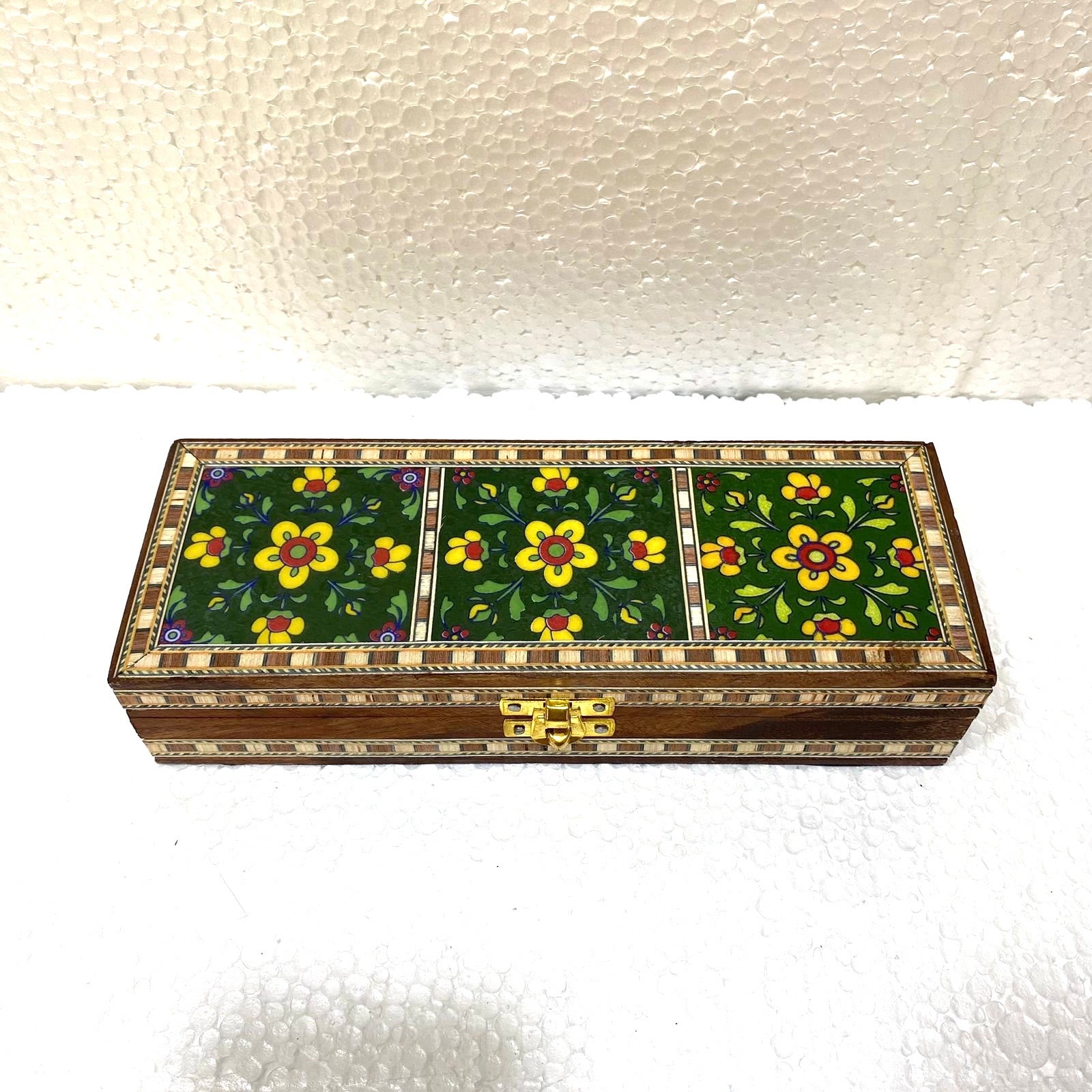 3 Tiles Blue Pottery On Wooden Storage Box With Velvet Interior By Tamrapatra