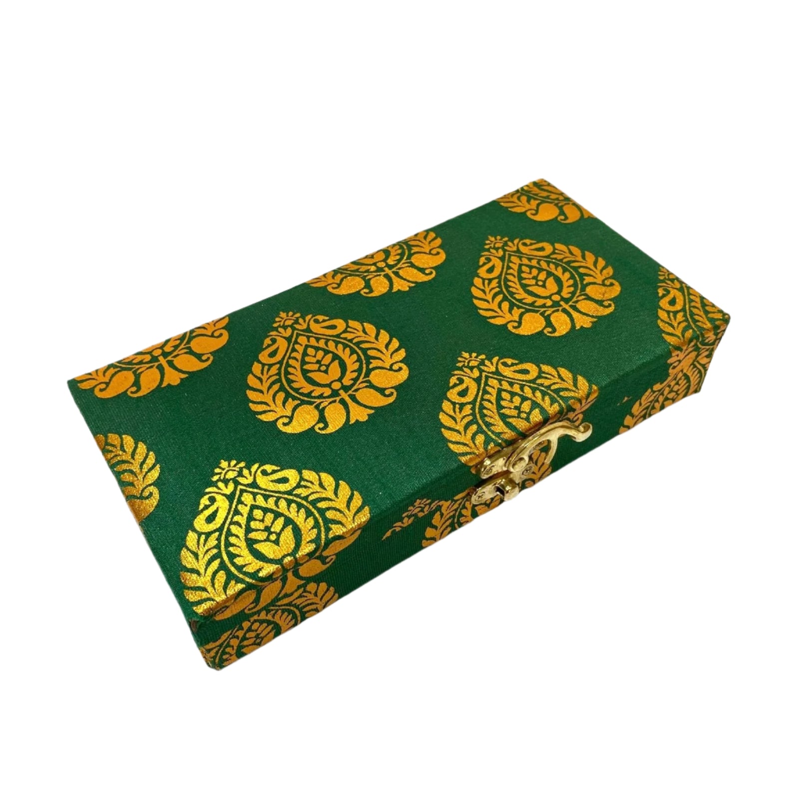 Green box with gold patterns on a white background