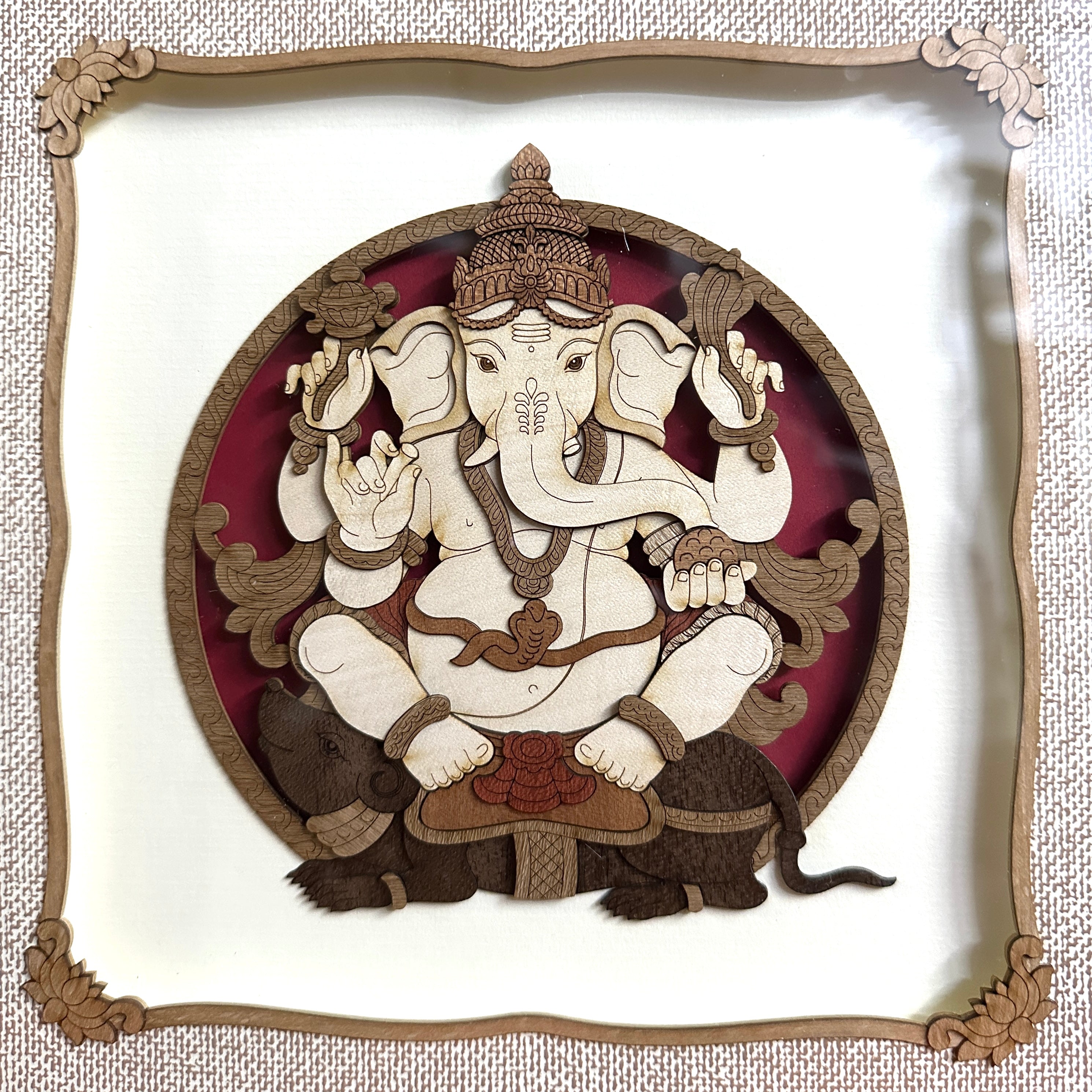 3D ArtWork Ganesh Using Natural Wooden Pieces Handcrafted Frame Tamrapatra