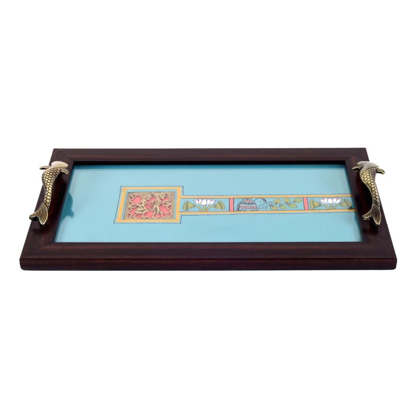 Tray Ocean Blue Hand Painted With Dhokra Art Premium Design By Tamrapatra