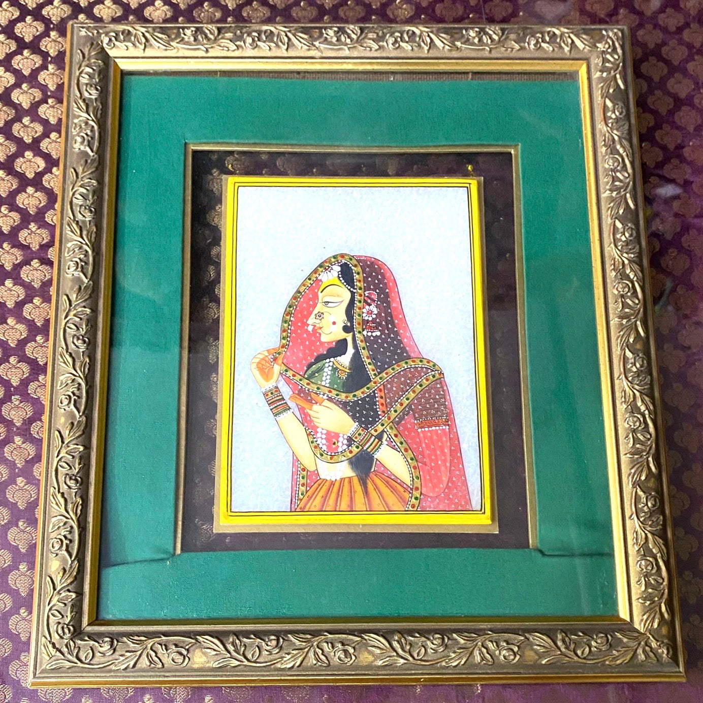 Royal Ornament Style Work On Marble Tile In Wooden Frame Hanging From Tamrapatra