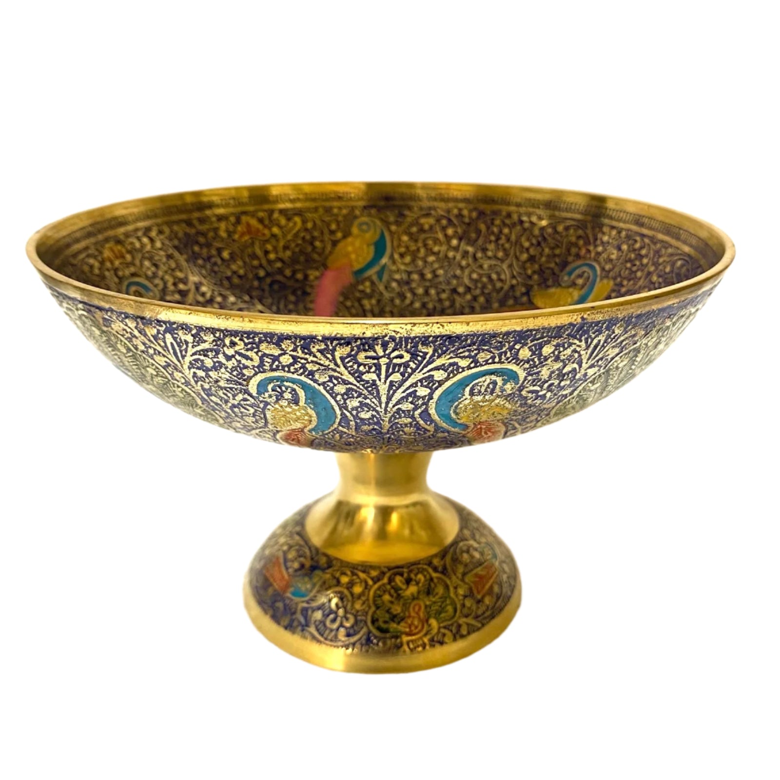 Decorative bowl with intricate gold and blue patterns on a white background