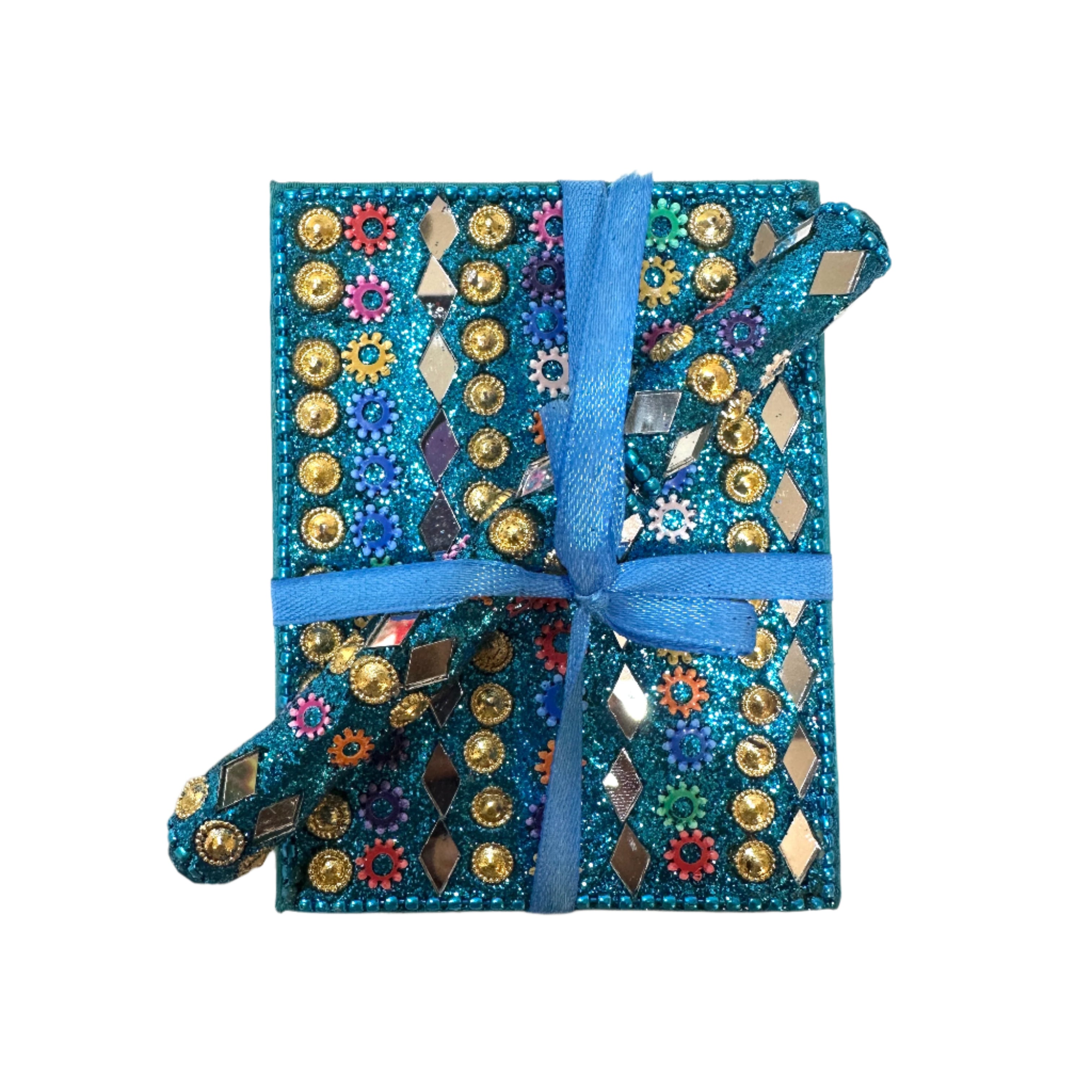 Decorative box with blue ribbon on a textured white surface