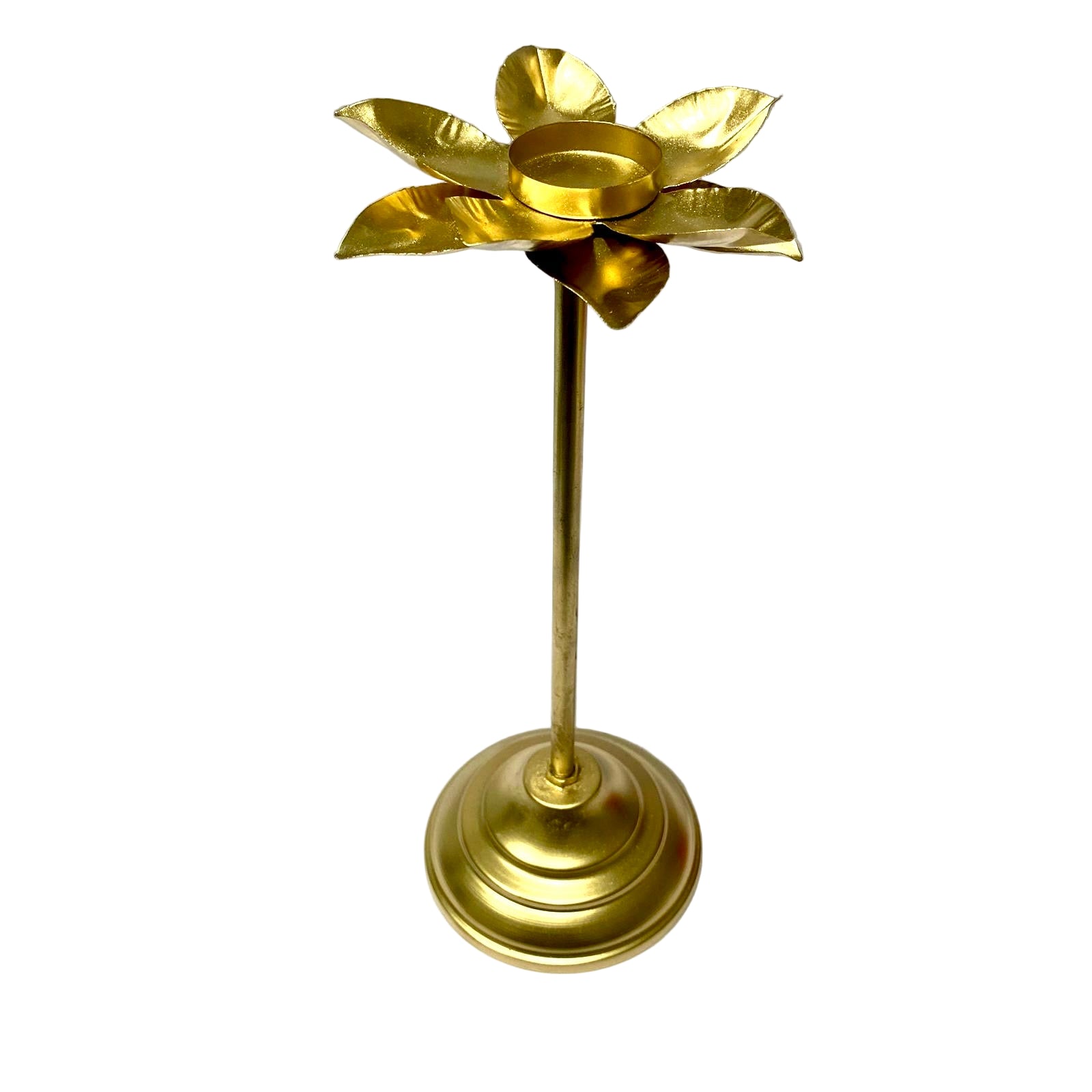 Gold flower-shaped candle holder on a white background