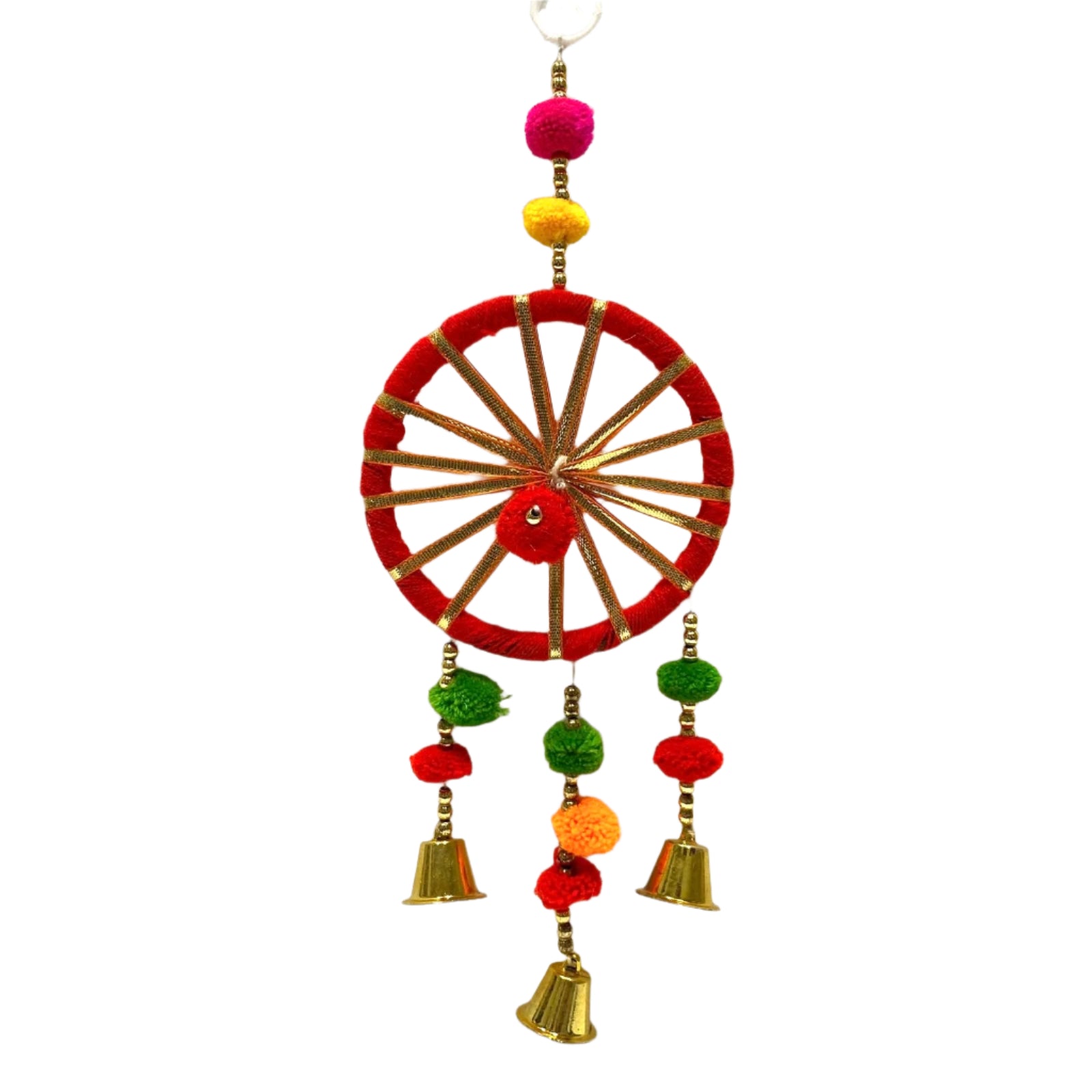 Decorative wheel with colorful pom-poms and bells on a textured white background
