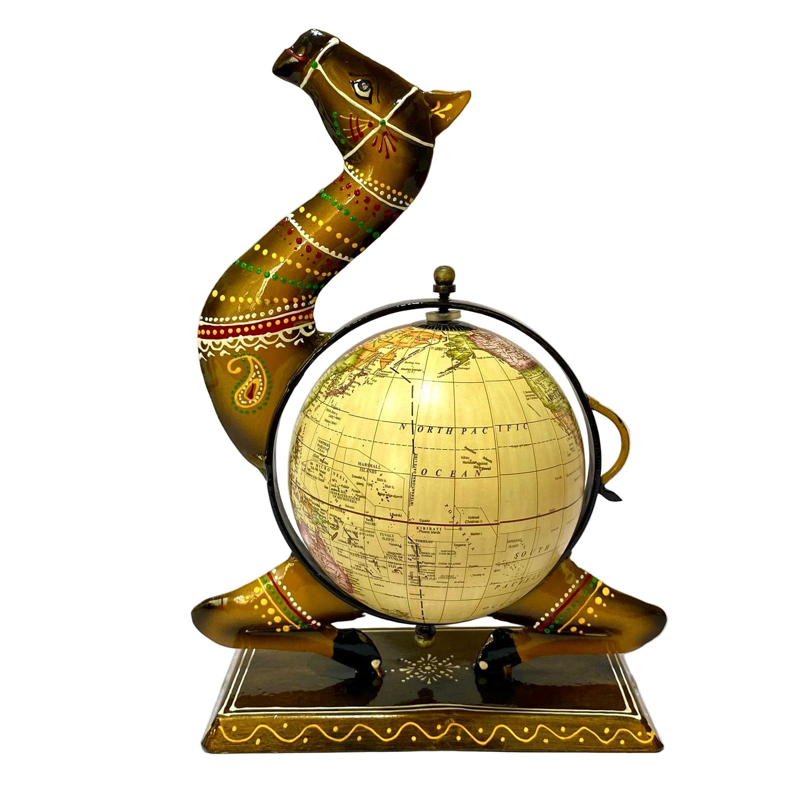 Decorative globe with a stylized cat design on a white background