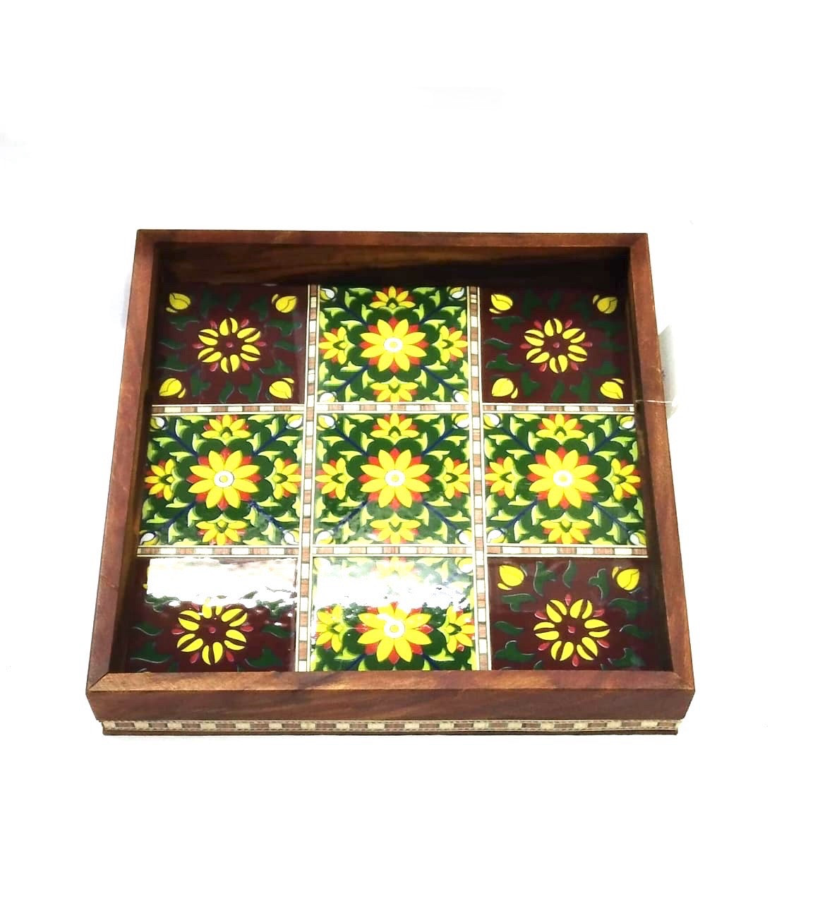 Premium Mango Wood Tray Blue Pottery Tiles Combined By Tamrapatra - Tamrapatra