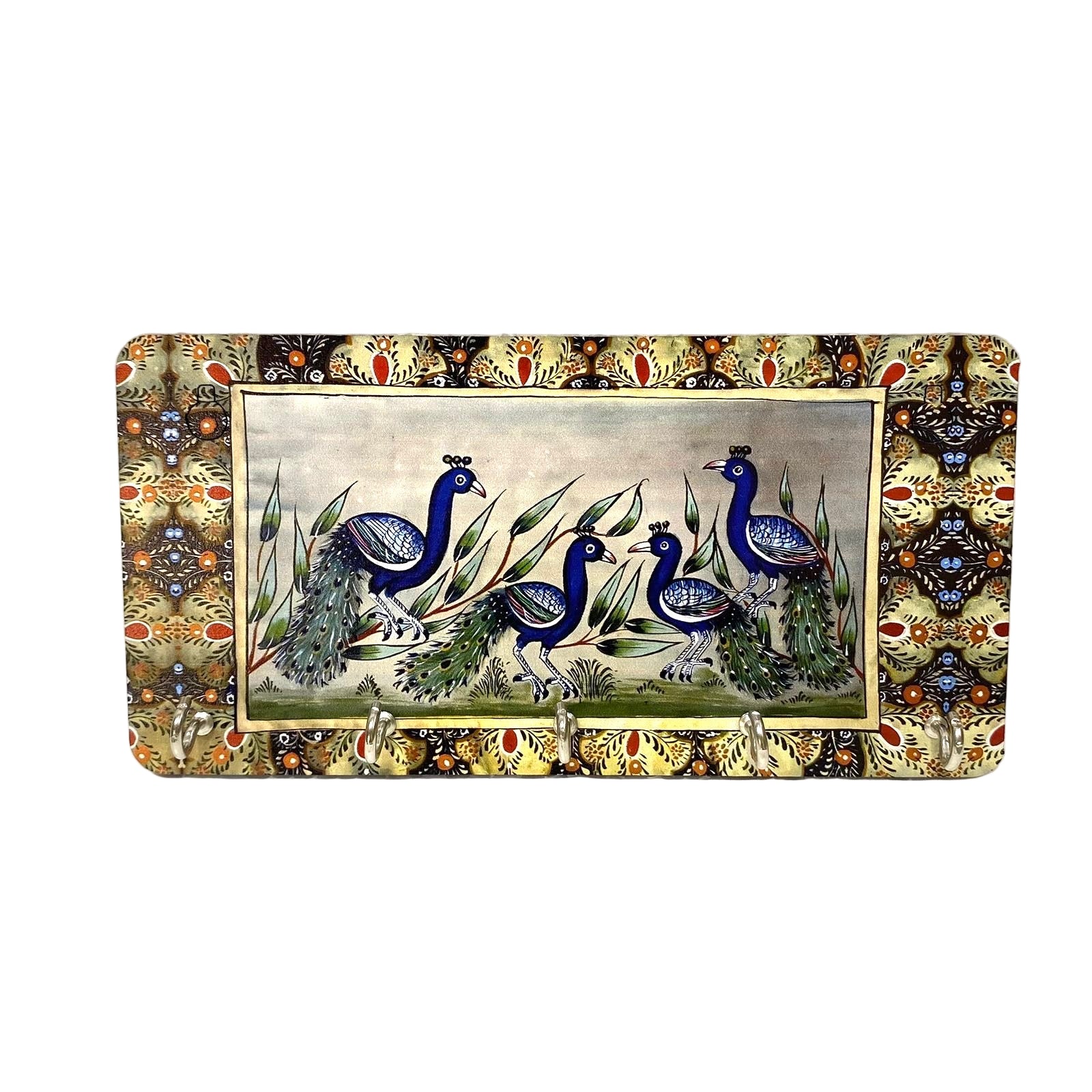 Decorative tray with peacock design on a textured white background