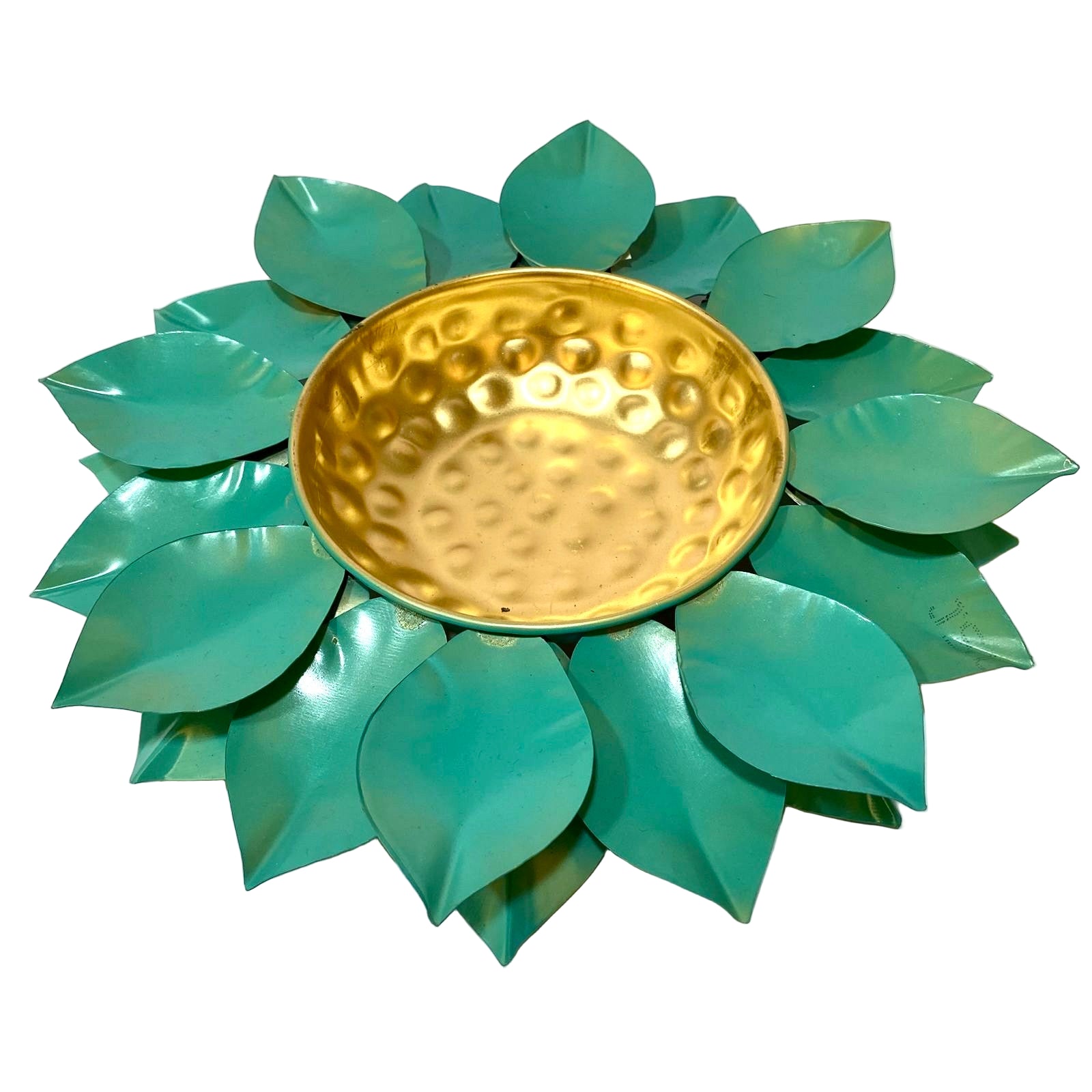 Cyan Blue Green With Golden Touch Unique Shaded Lotus Urli Metal By Tamrapatra