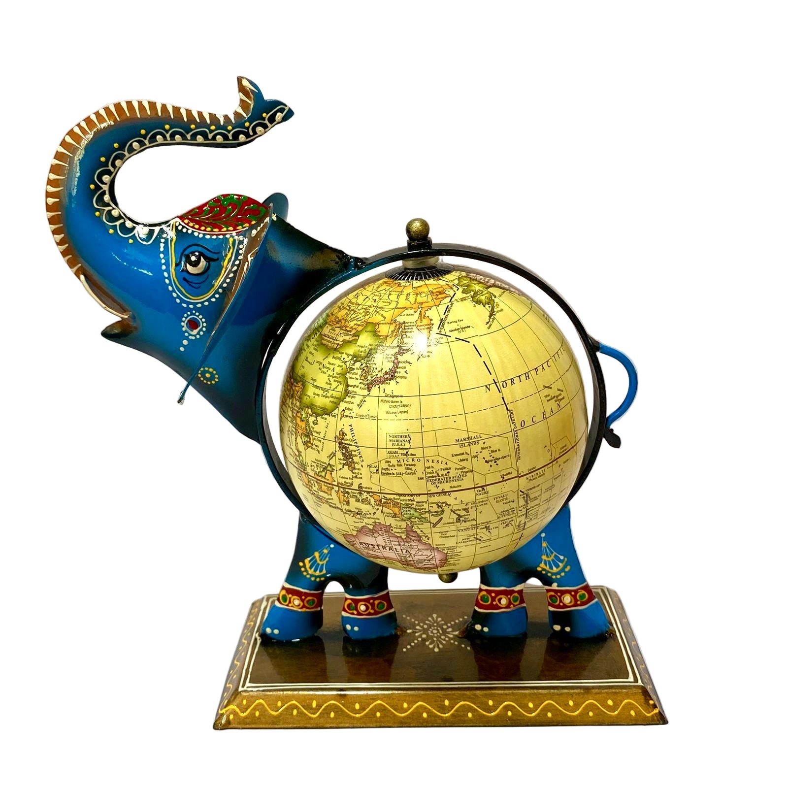 Decorative elephant holding a globe on a white background