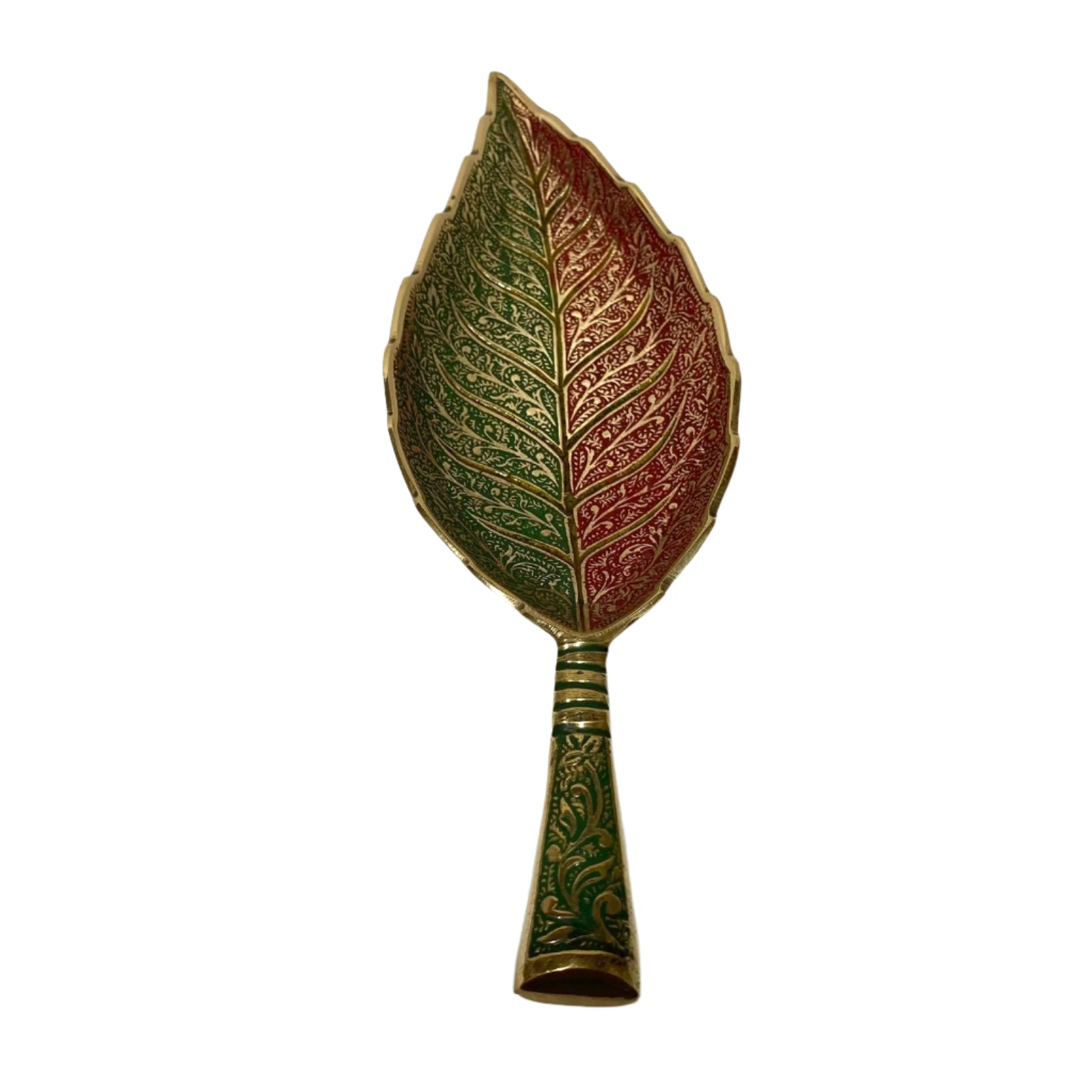 Decorative leaf-shaped hand mirror with intricate patterns on a white background