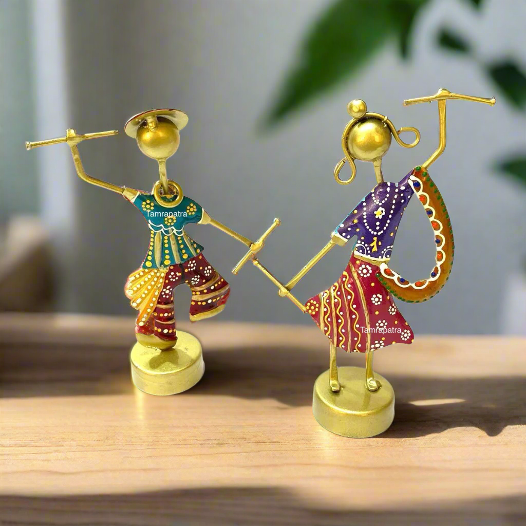 Gujarat Style Folk Dancers Set Metal Classic Display Showpiece Tamrapatra - Tamrapatra